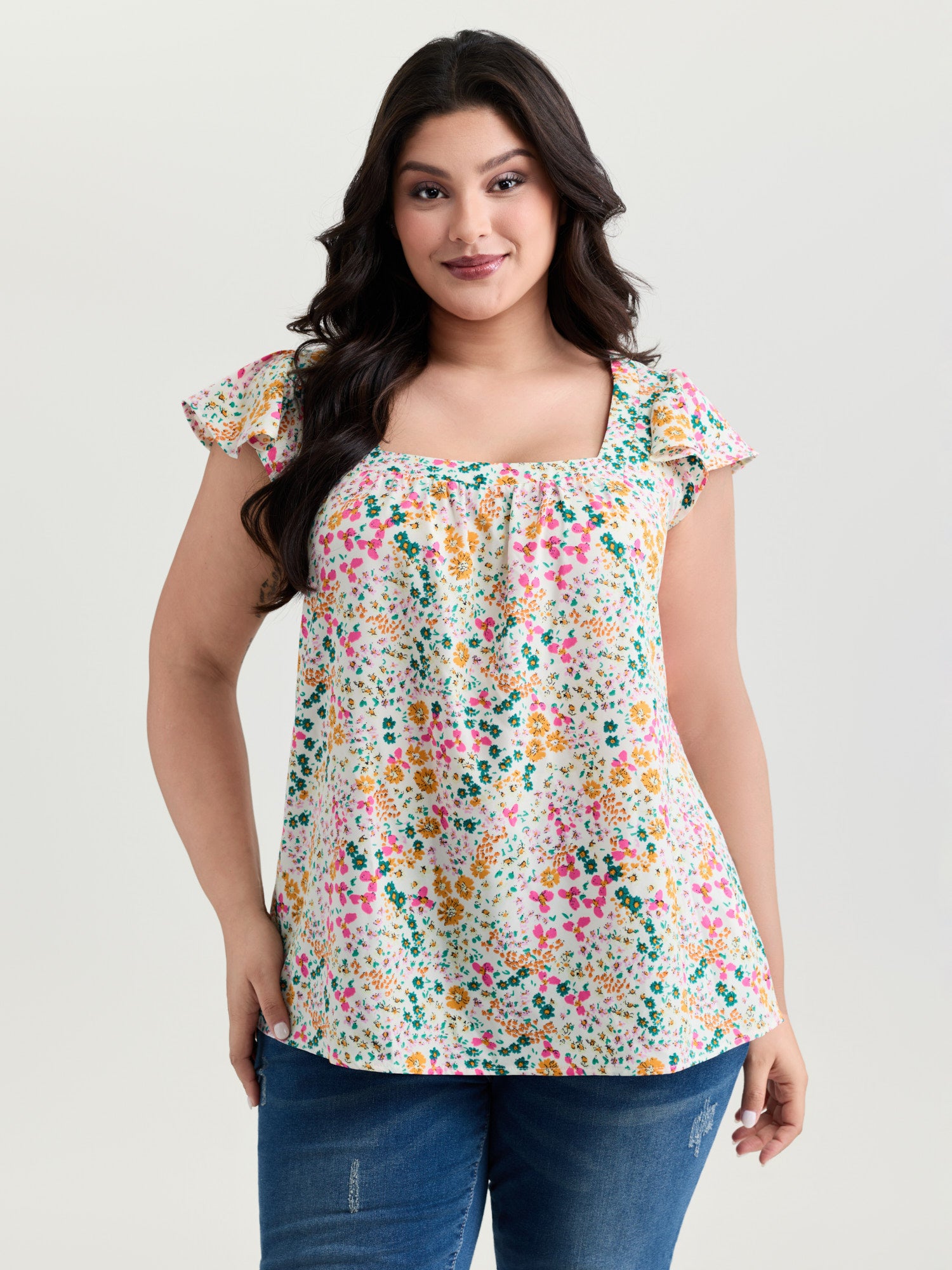 Bright Floral Print Flutter Sleeve Blouse