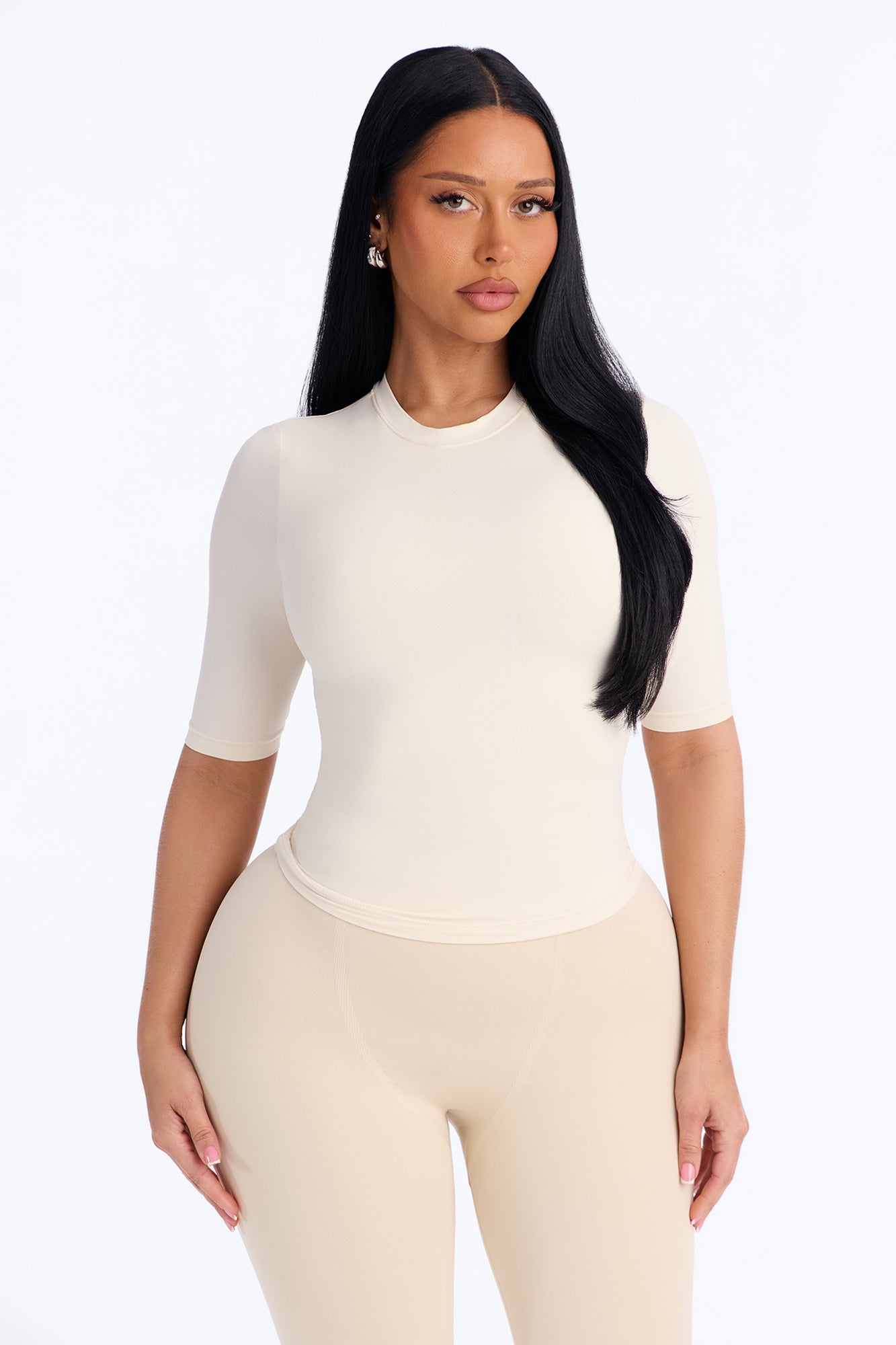 Second Skin Double Lined Crew Neck Elbow Sleeve Top - Bone