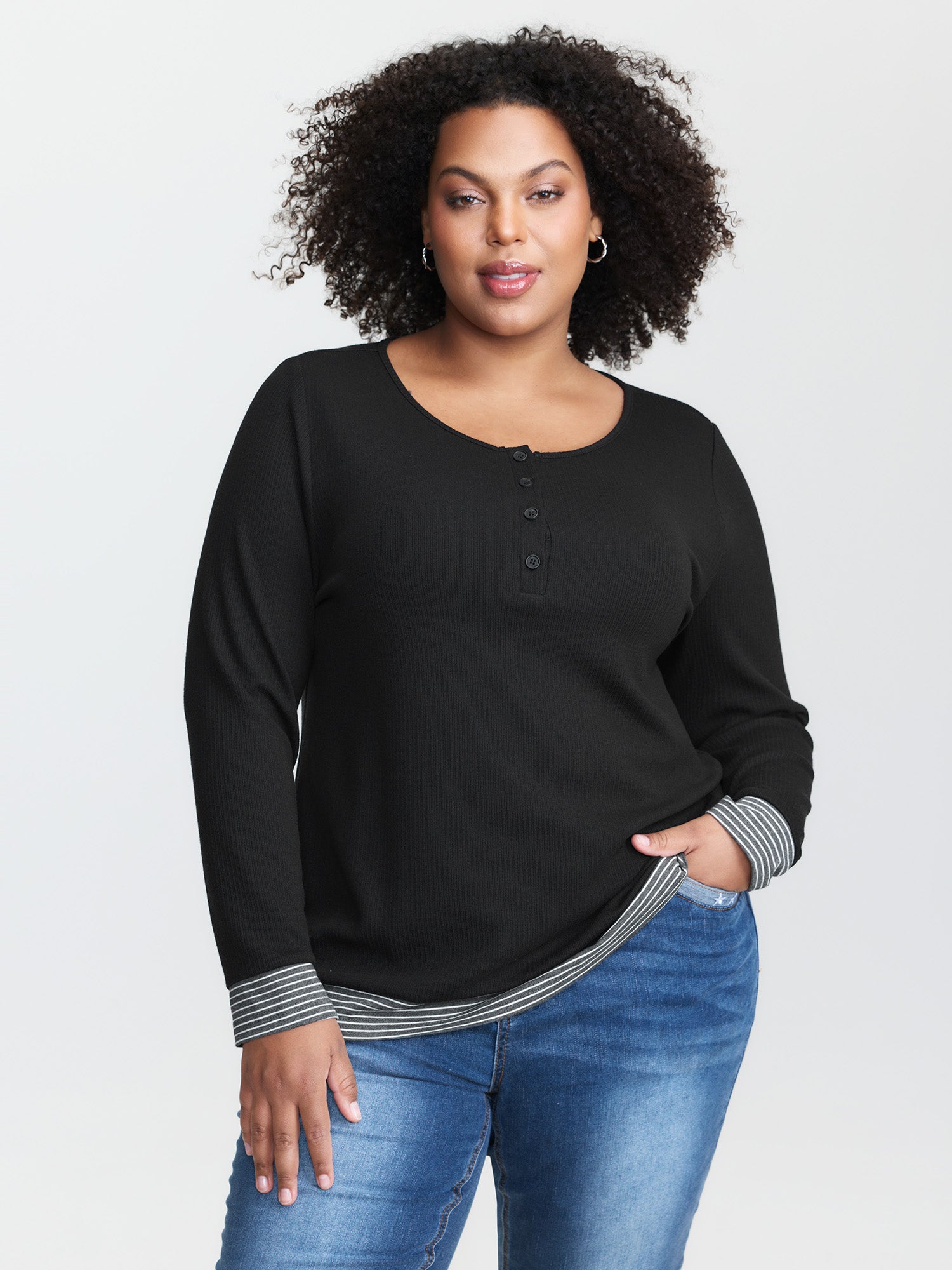 Striped Contrast Button Placket T-Shirt