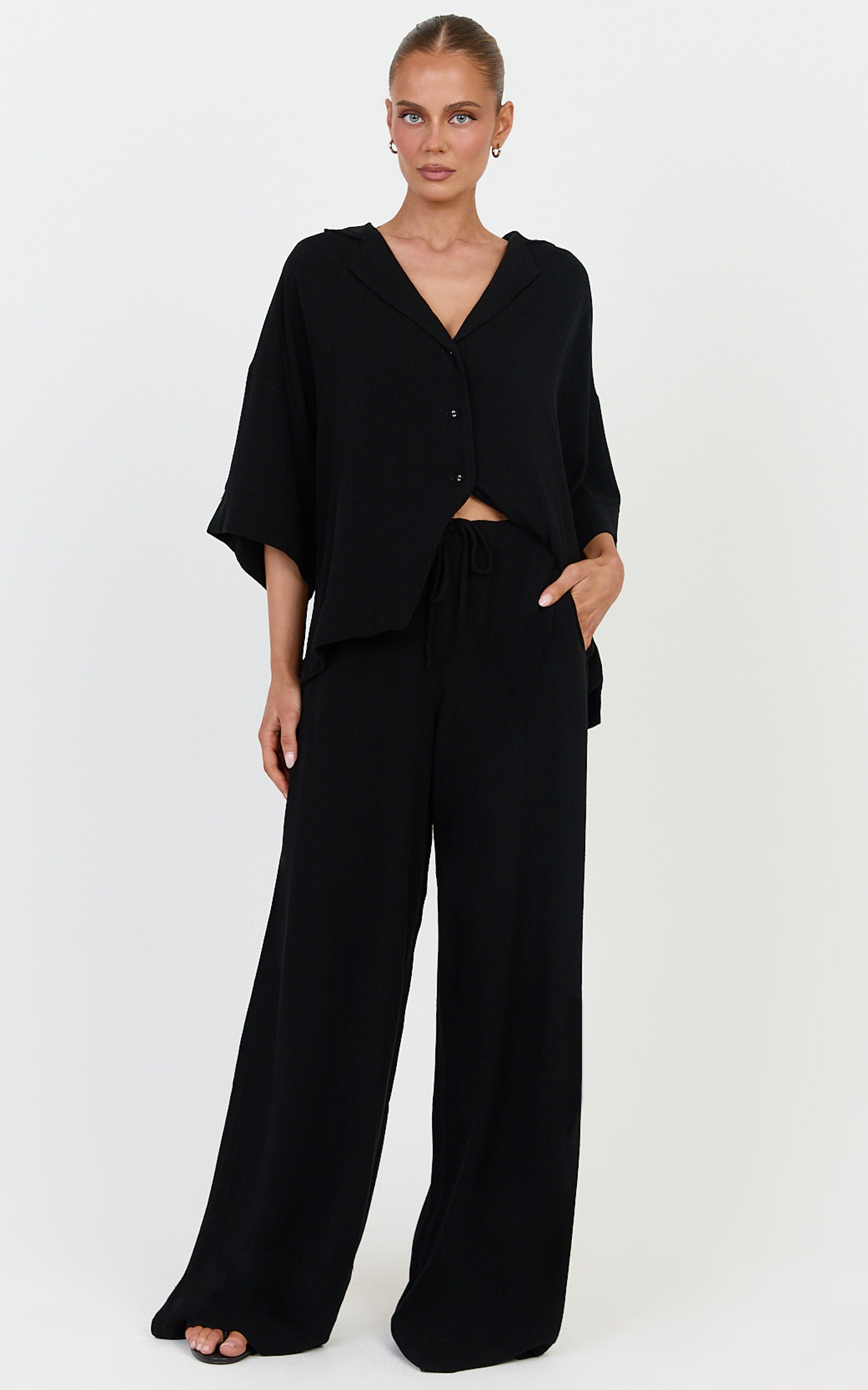 Jenna Two Piece Top and Pants Set - Linen Blend Button Through Shirt and Drawstring Pants Set in Black