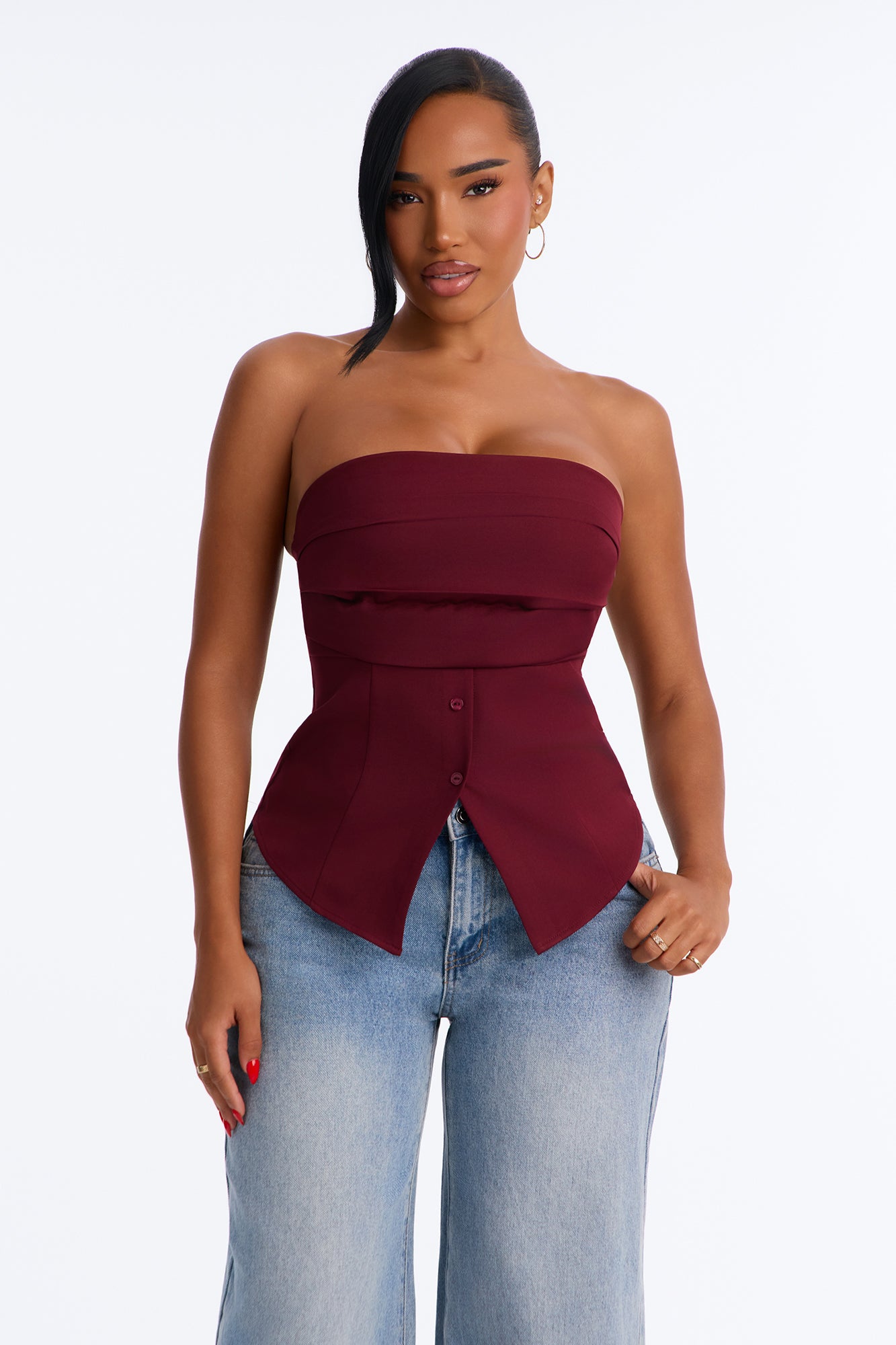 Subtle Love Button Up Tube Top - Burgundy