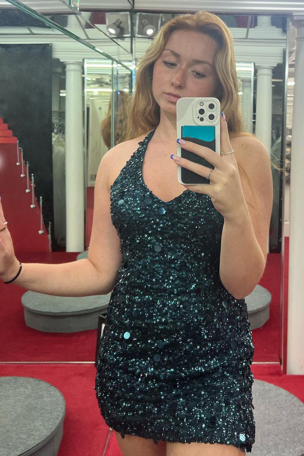 Sparkly Dark Green Halter Open Back Bodycon Homecoming Dress/Mini Dress With Sequins