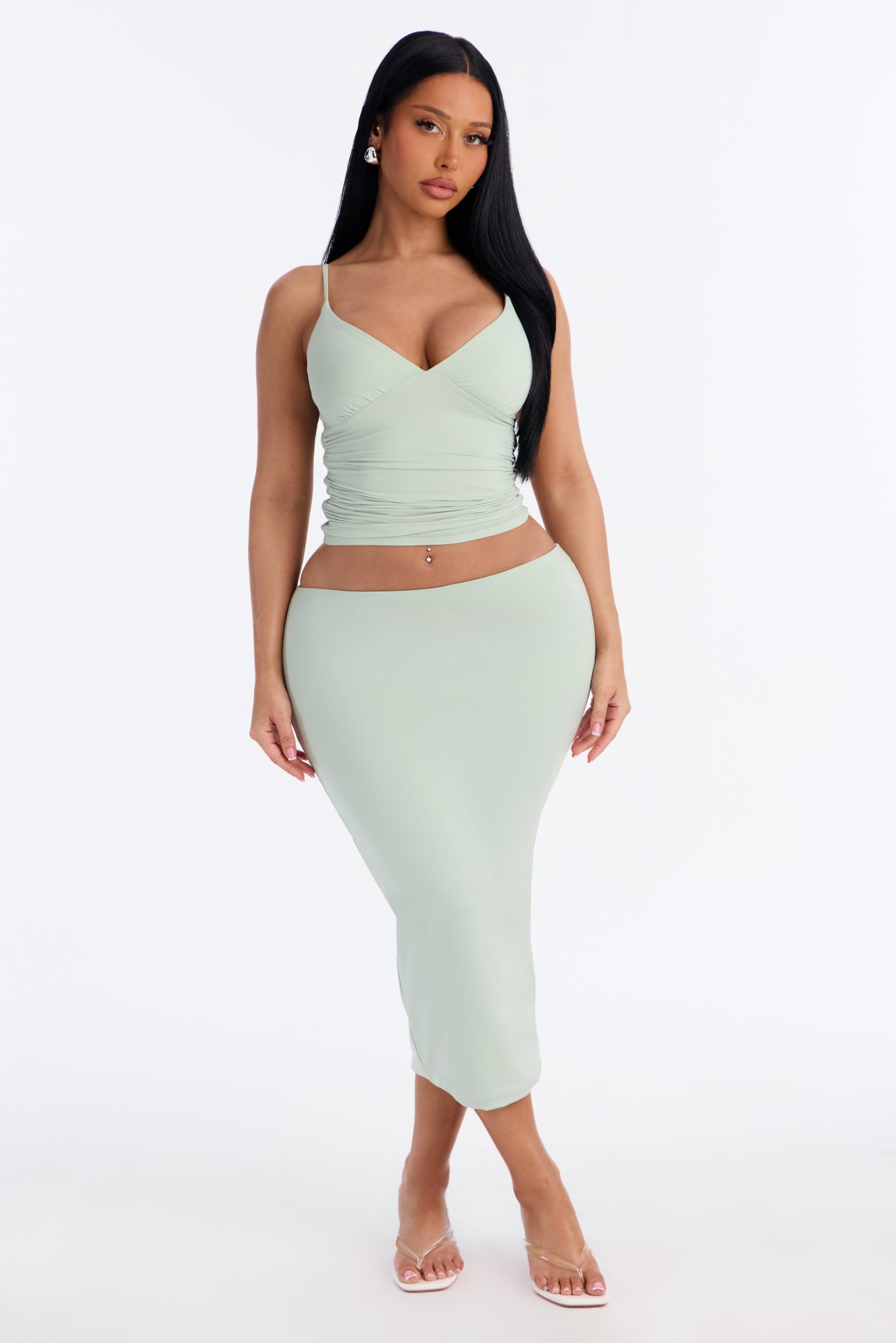 Contour Double Lined Pencil Midi Skirt - Mint