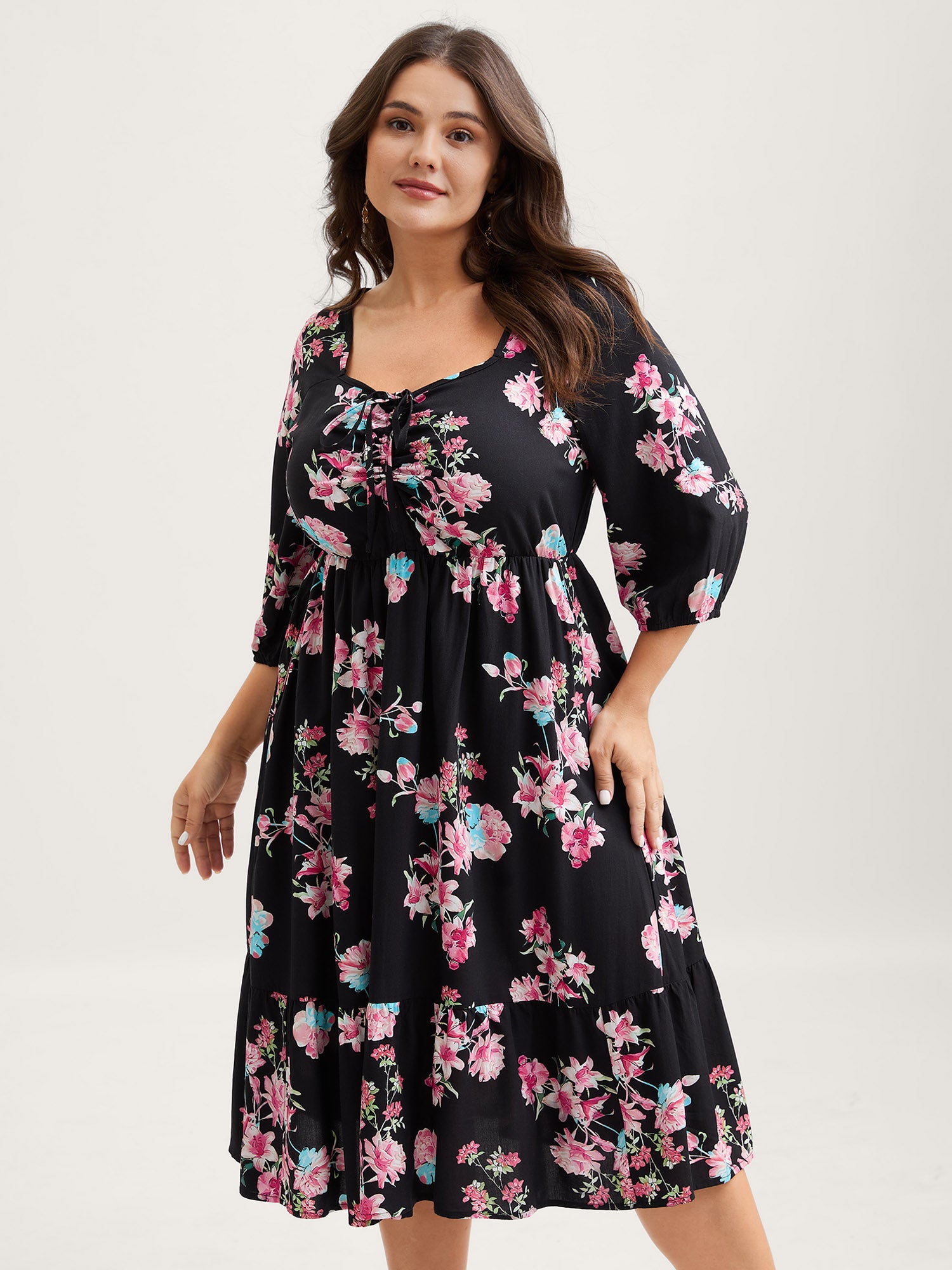 Floral Adjustable Bust Drawstring Midi Dress