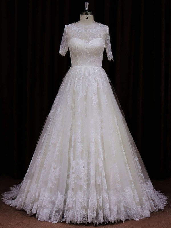Glamorous Short Sleeves Lace Court Train Wedding Dresses with Beads