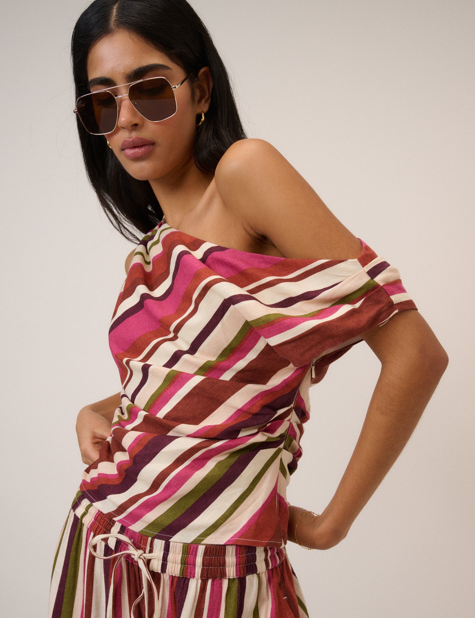 Multi-Coloured Striped Linen-Rich One Shoulder Top