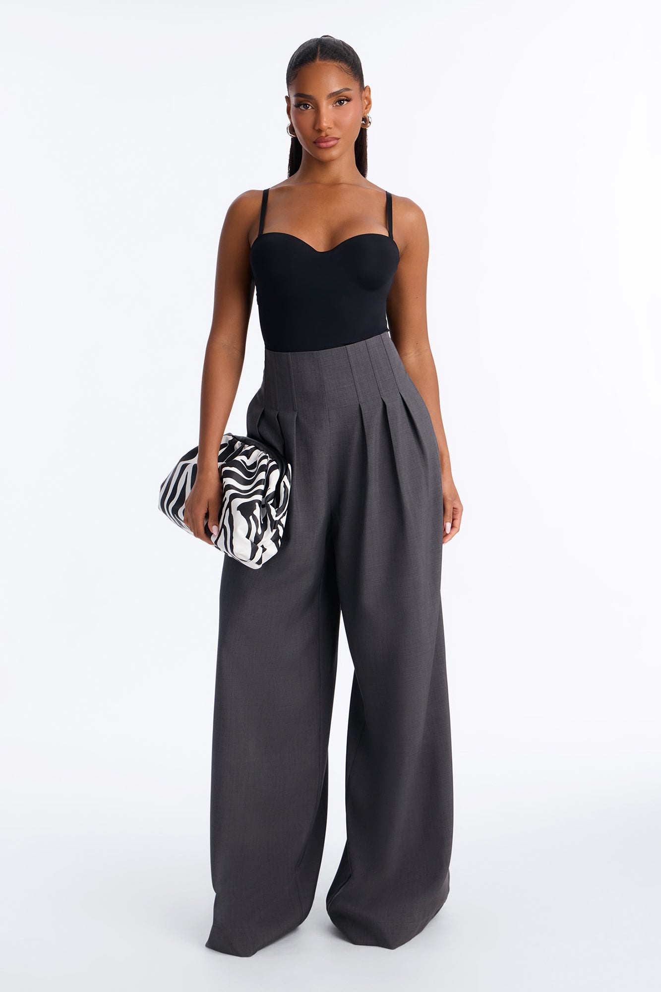 Talia High Rise Corset Waist Wide Leg Pant 33″ - Charcoal