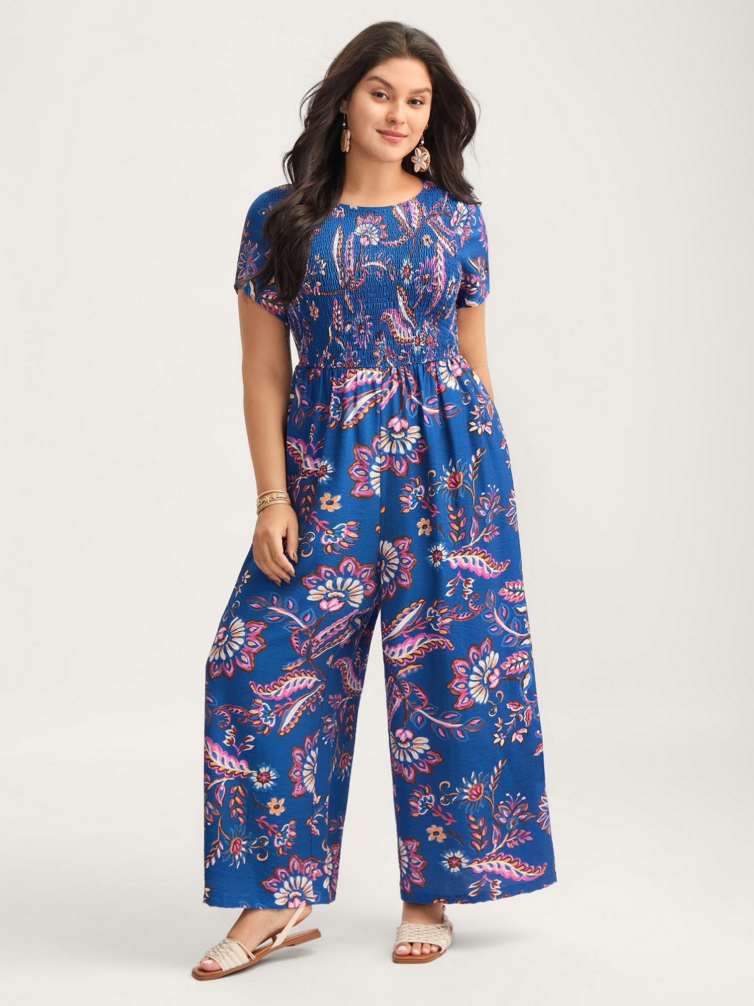 Floral Shirred Bodice Pockets Jumpsuit