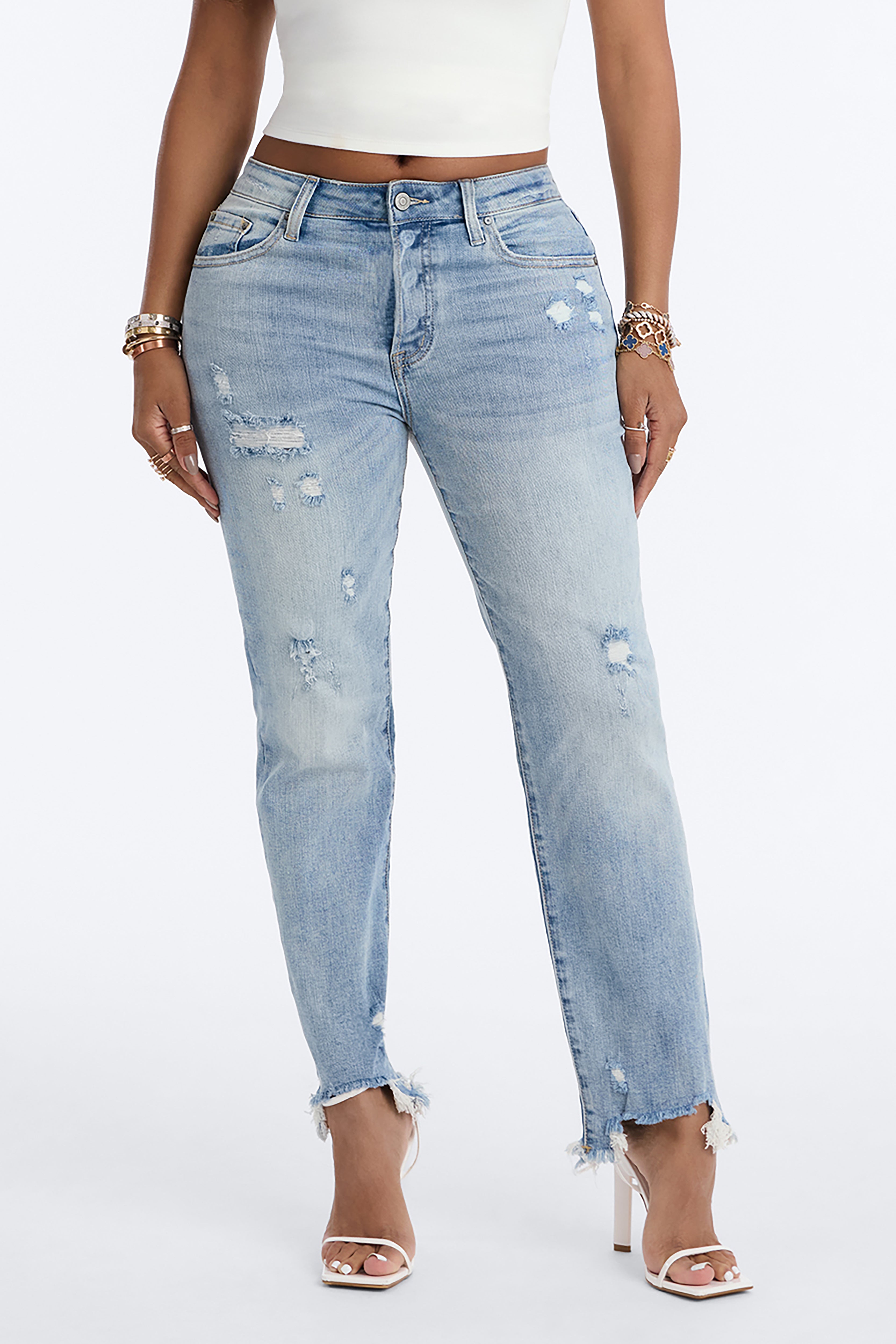 True Instincts Ripped Raw Hem Skinny Jeans - Light Wash