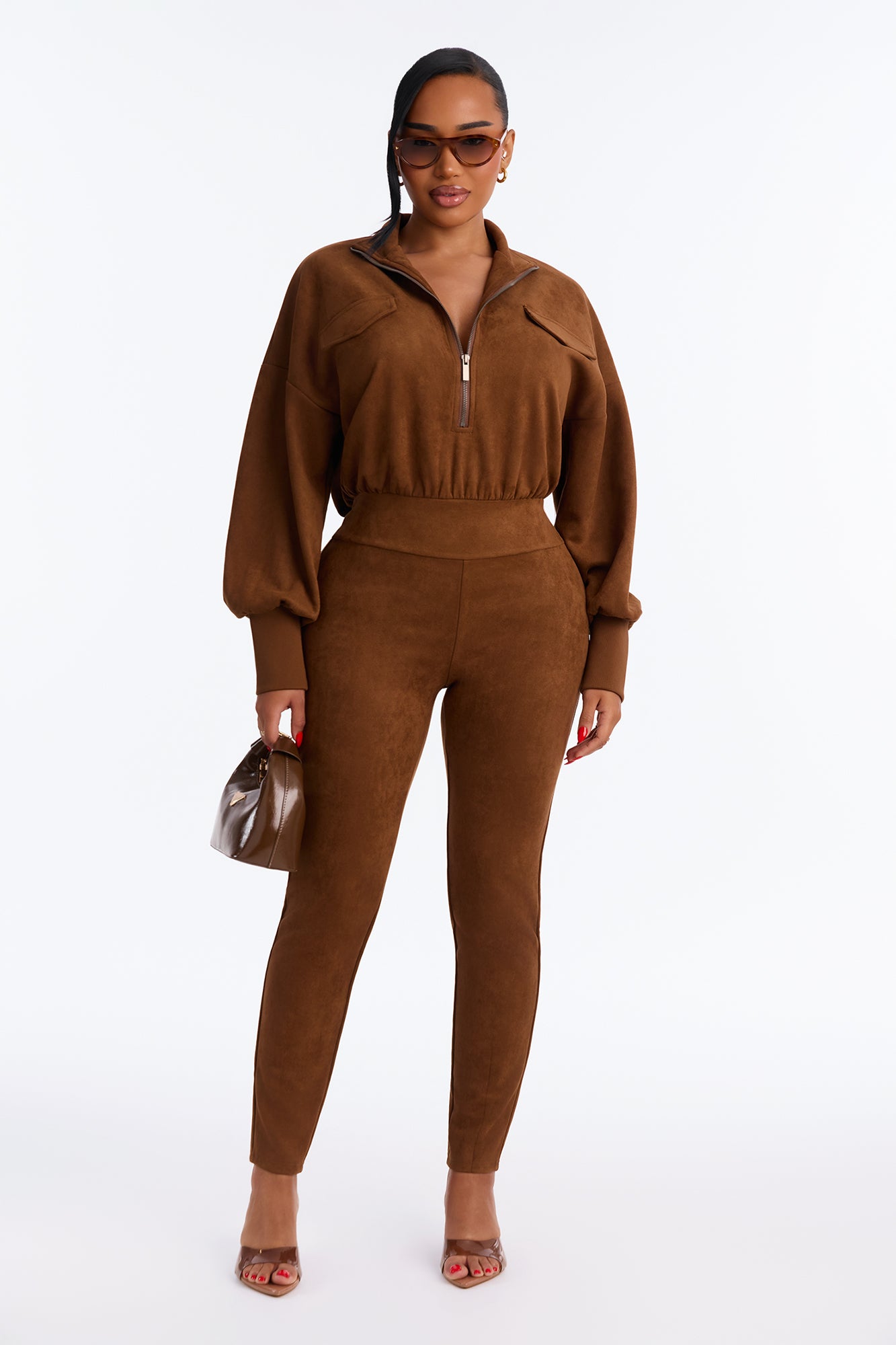 Indie Faux Suede Jumpsuit - Brown