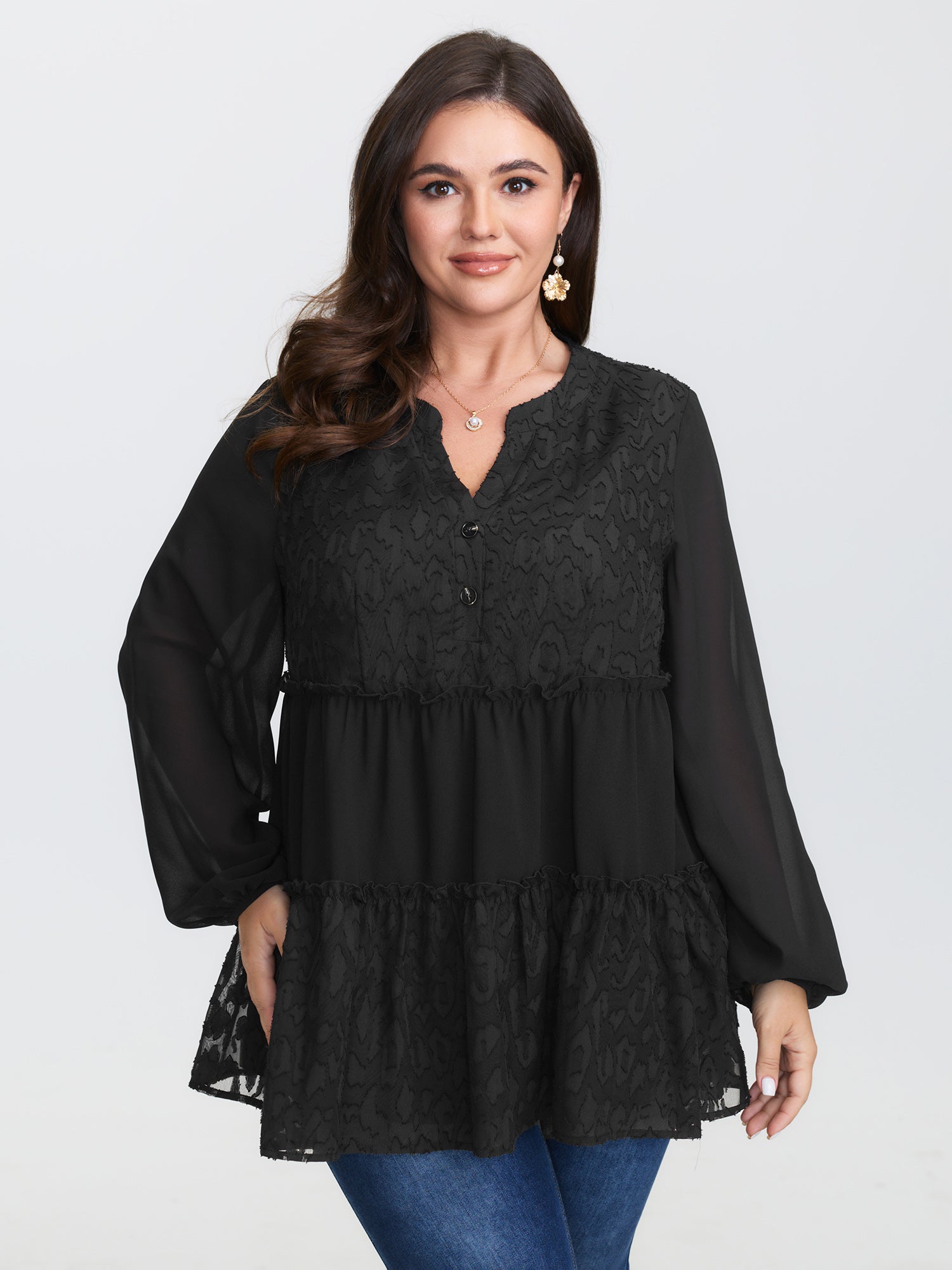 Textured Leopard Laser Cut Tiered Blouse