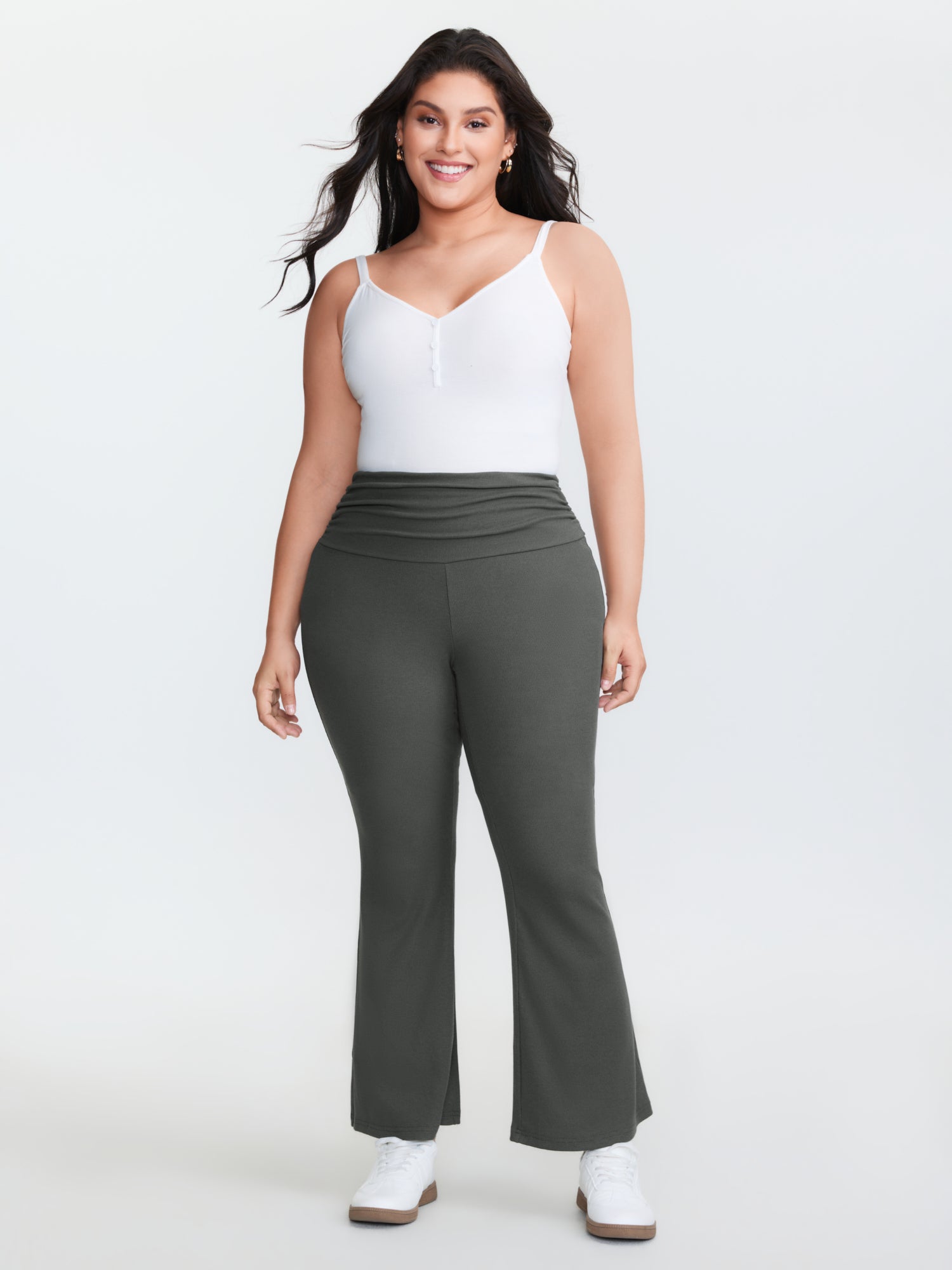Ruched Wide Waistband Flared Leggings