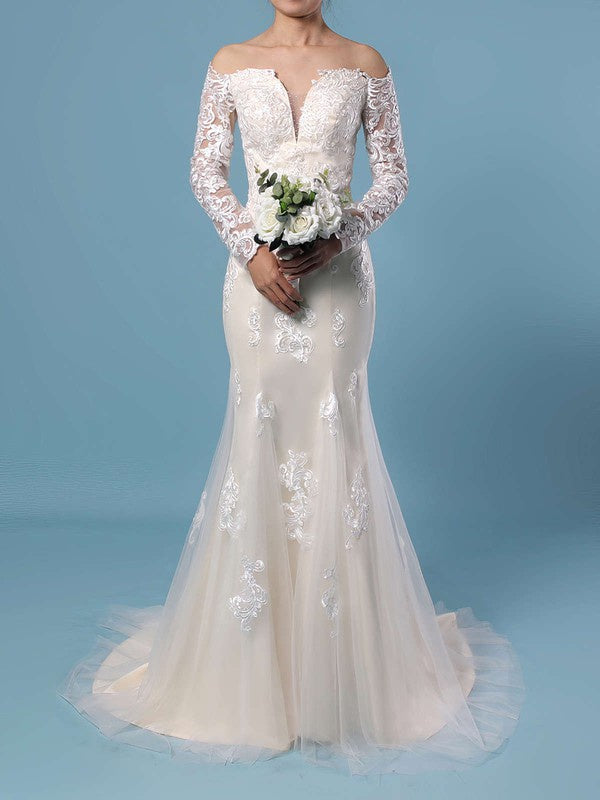 Stylish Trumpet Long Sleeves Off-The-Shoulder V-Neck Tulle Lace Wedding Dresses