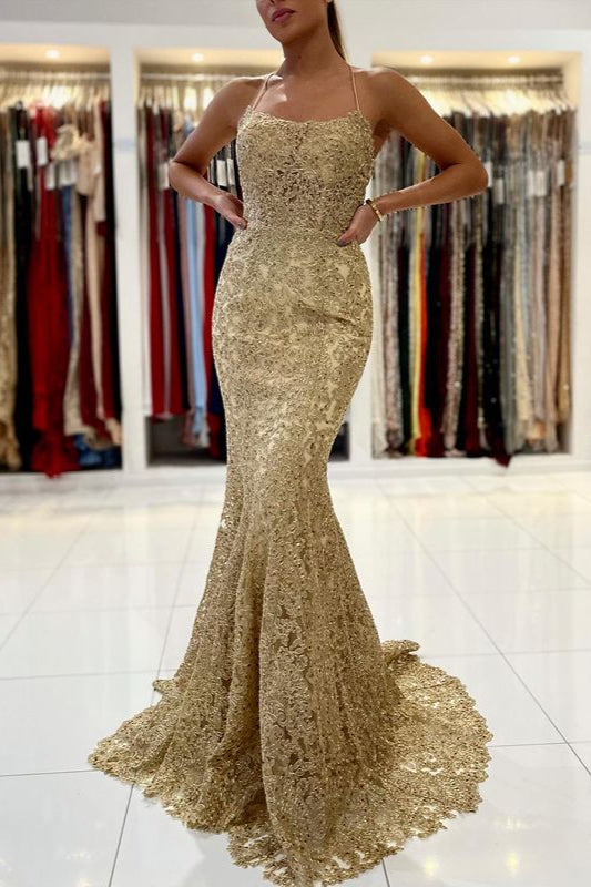 Gold Appliques Long Mermaid Evening Dress