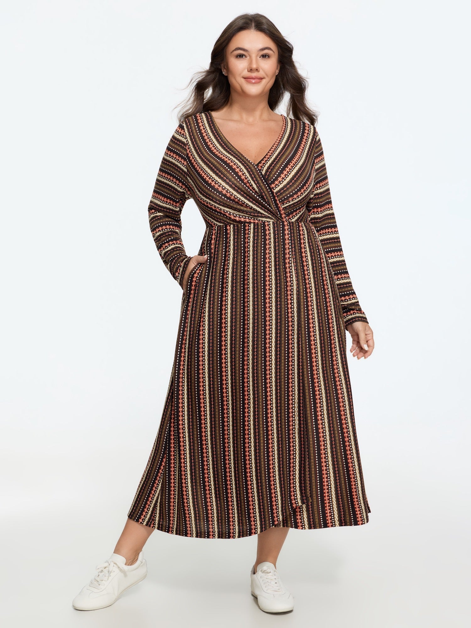 Stretch Retro Stripe Wrap V Neck Midi Dress