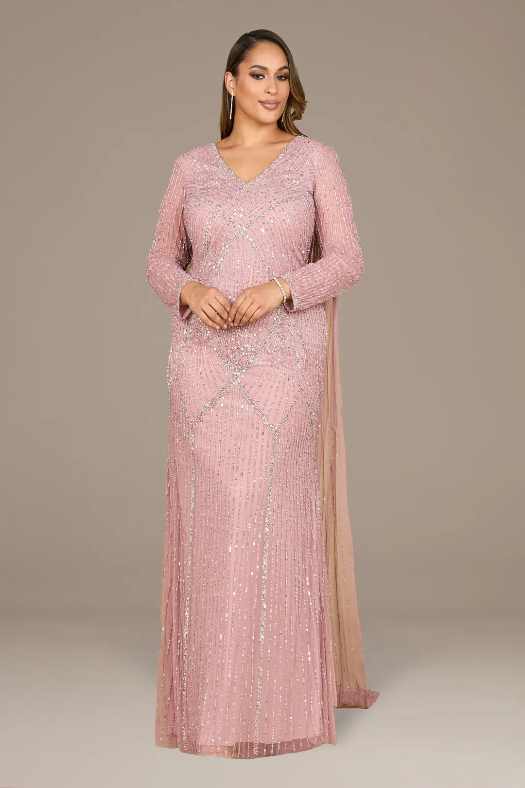 Long Sleeve Beaded Gown with Cape