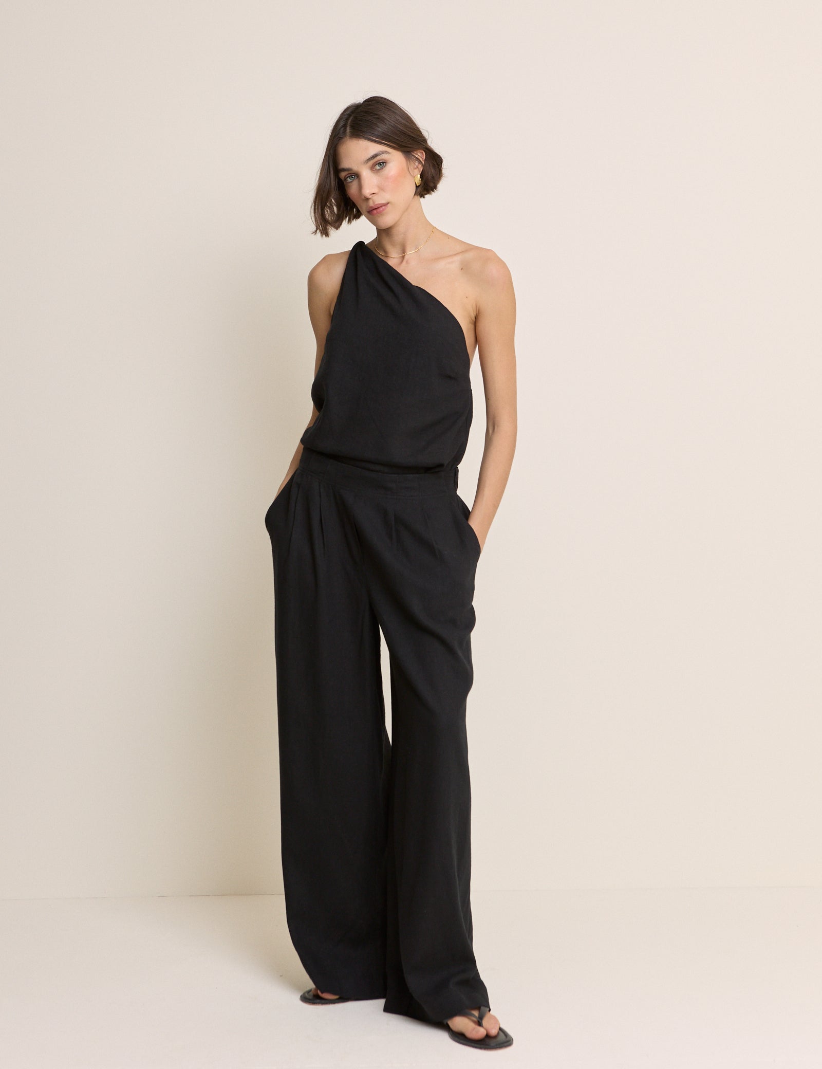 Black Linen-Rich Wide Leg Trousers