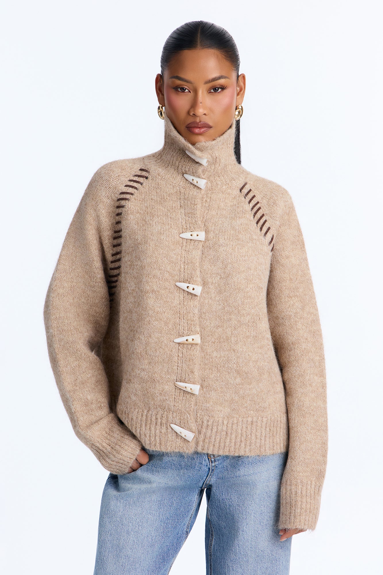 Kaya Mock Neck Toggle Button Up Cardigan - Mocha