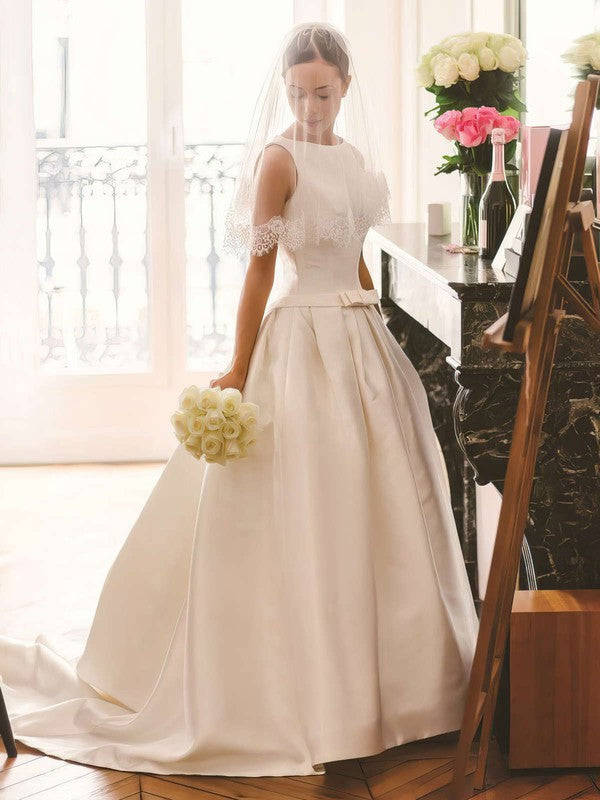 Fabulous Crew Neck Sleeveless Satin Ball Gown Wedding Dresses with Bow