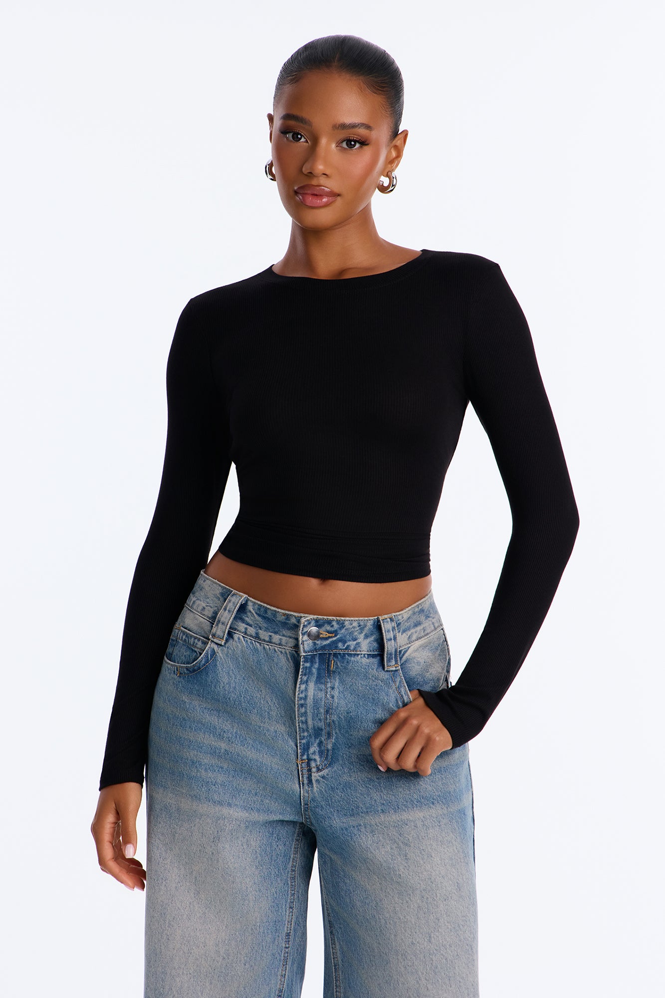 Poppy Ribbed Fitted Long Sleeve Tee - Black