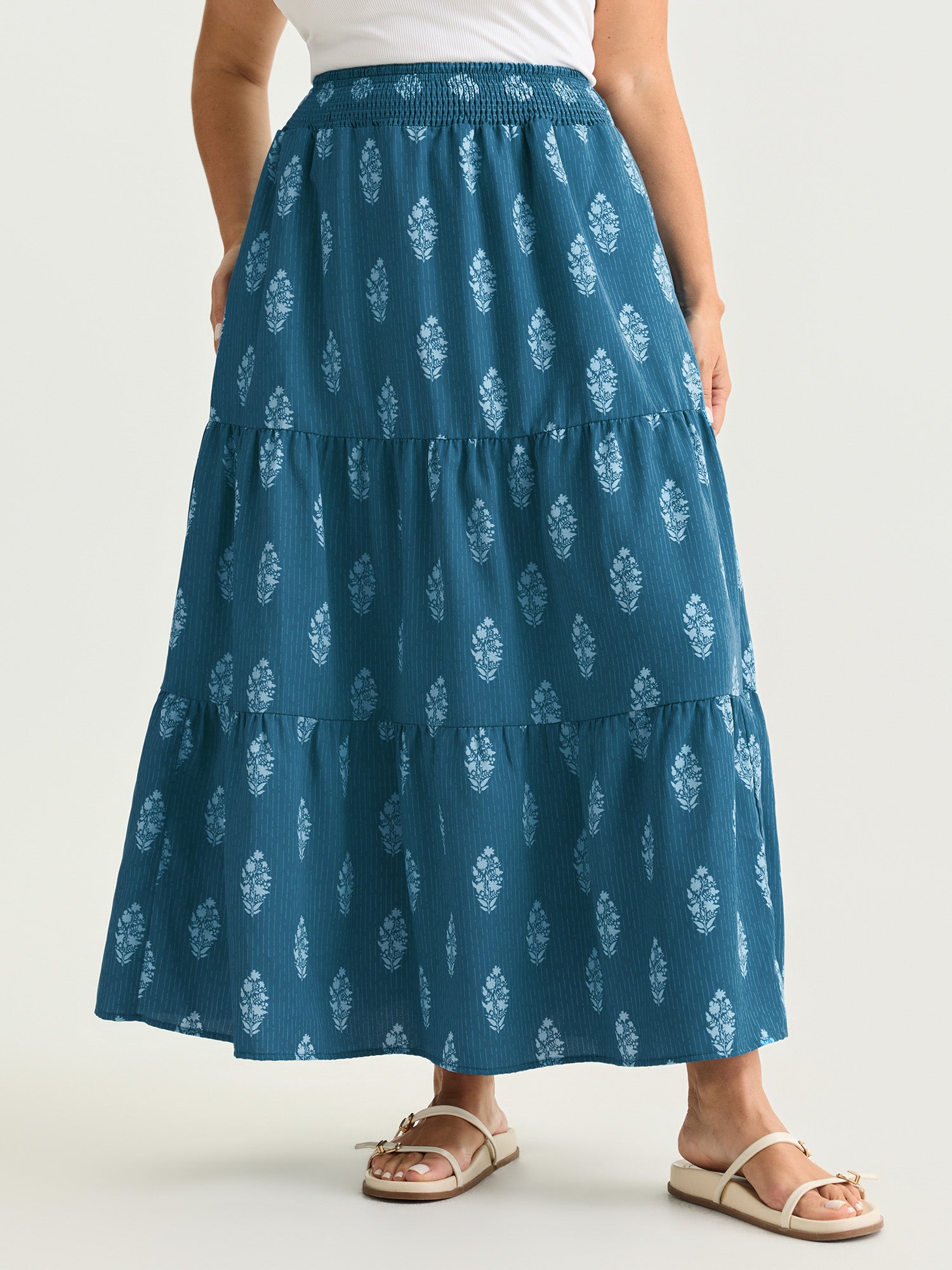 Floral Print Shirred Tiered Maxi Skirt