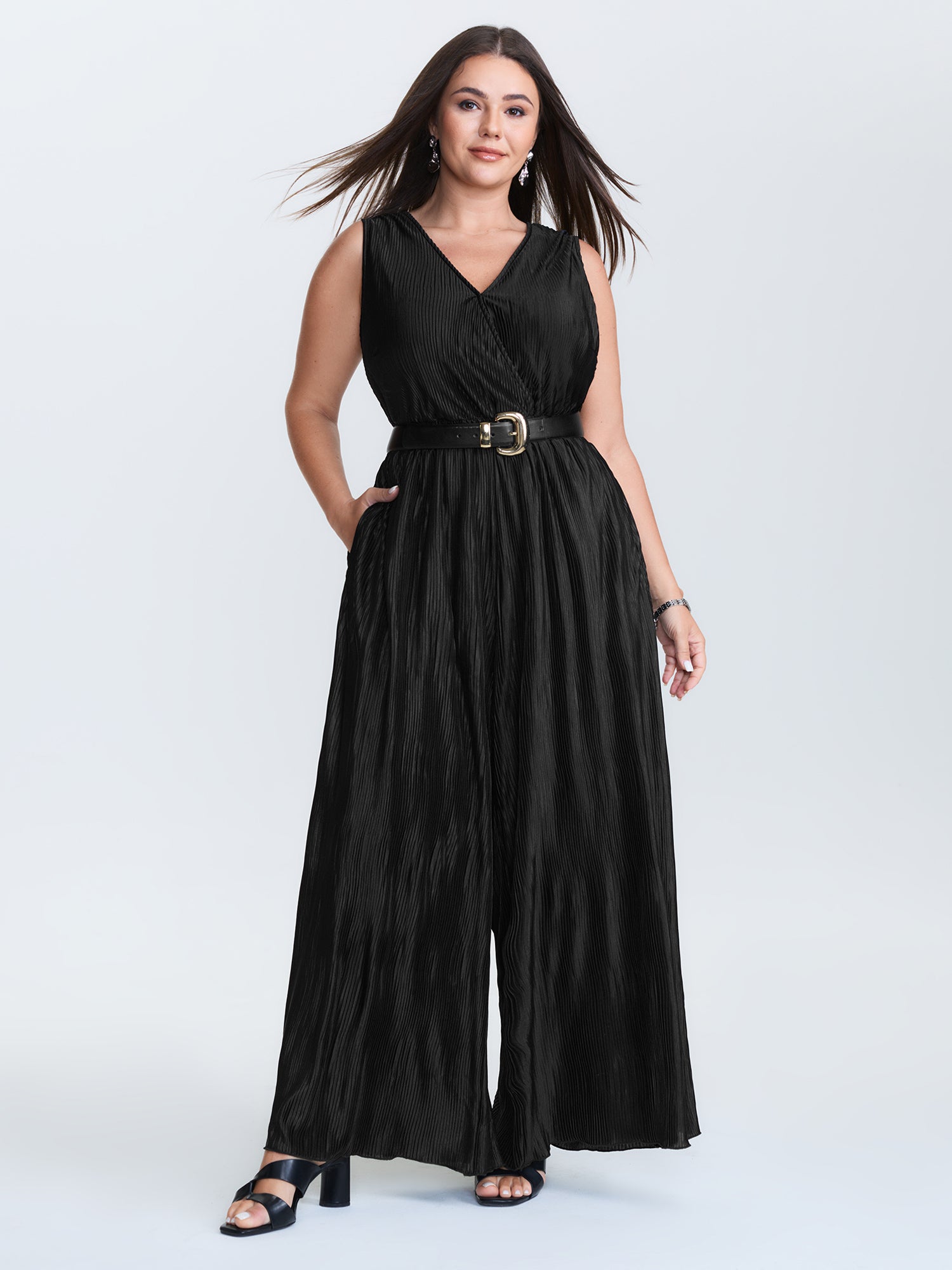 Textured Surplice Neck Wide Leg Jumpsuit