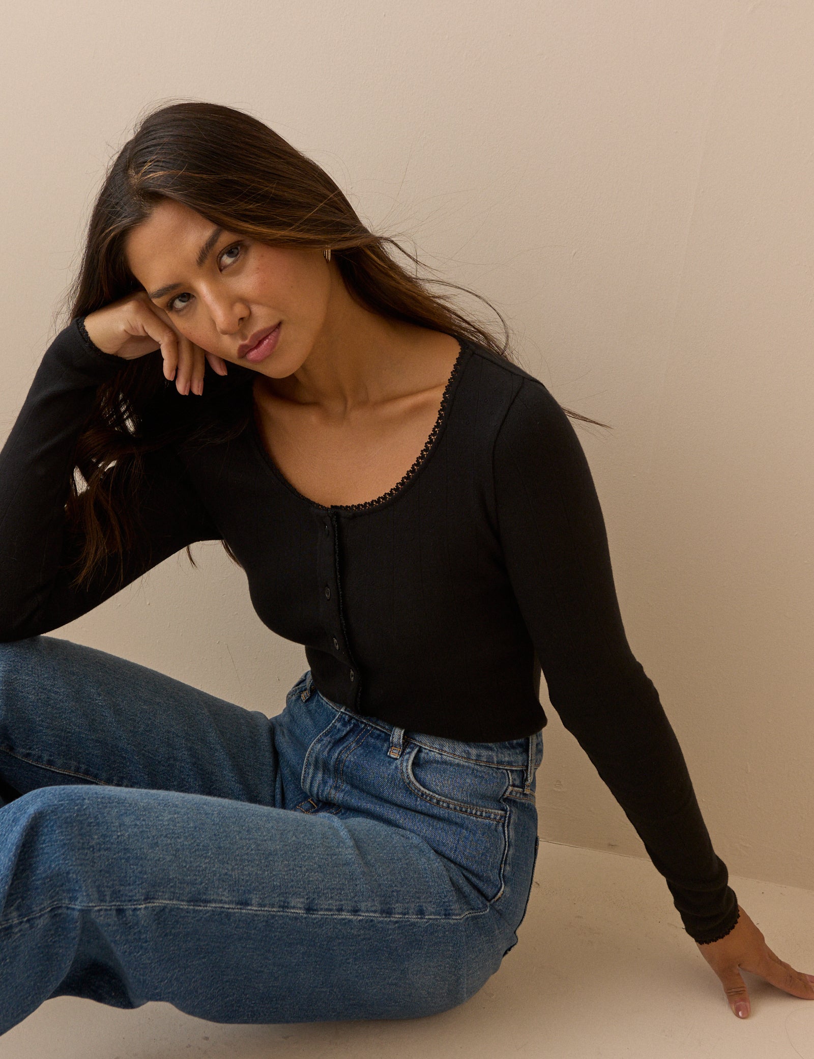 Black Pointelle Jersey Cardigan