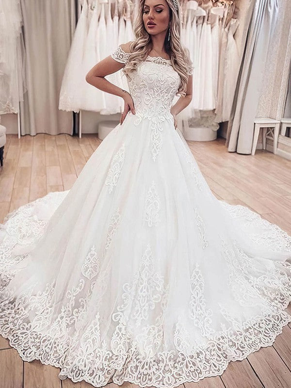 Glamorous Lace Court Train Off-The-Shoulder Ball Gown Wedding Dresses