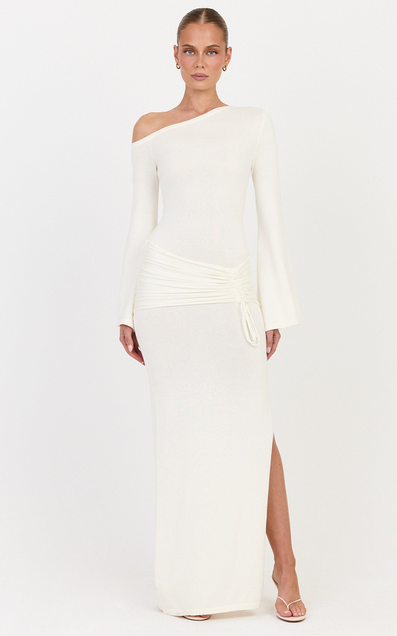 Tiffany Maxi Dress - Cotton Ruched Overlay Long Sleeve Knit Dress in Ivory