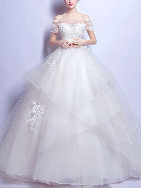 Trendy Off-The-Shoulder Short Sleeves Ball Gown Organza Floor-Length Wedding Dresses with Appliques