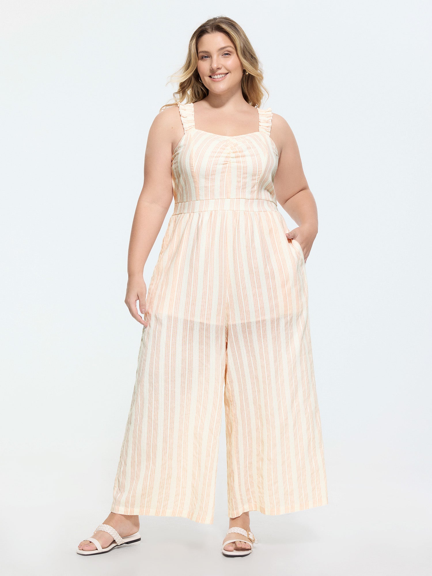 Sheer Striped Print Shirred Straps Jumpsuit