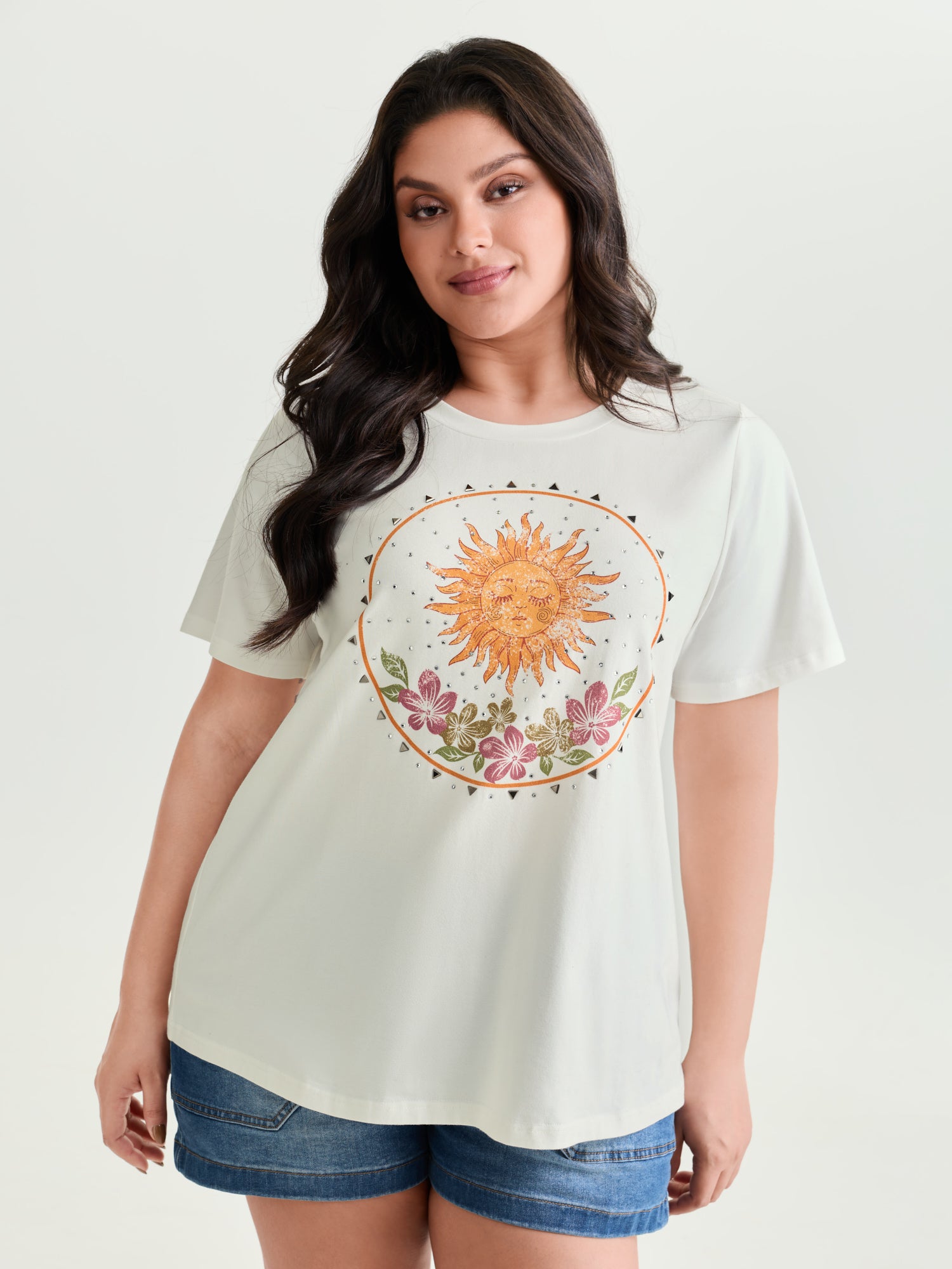Cotton Sunshine Floral Print Rhinestone T-Shirt