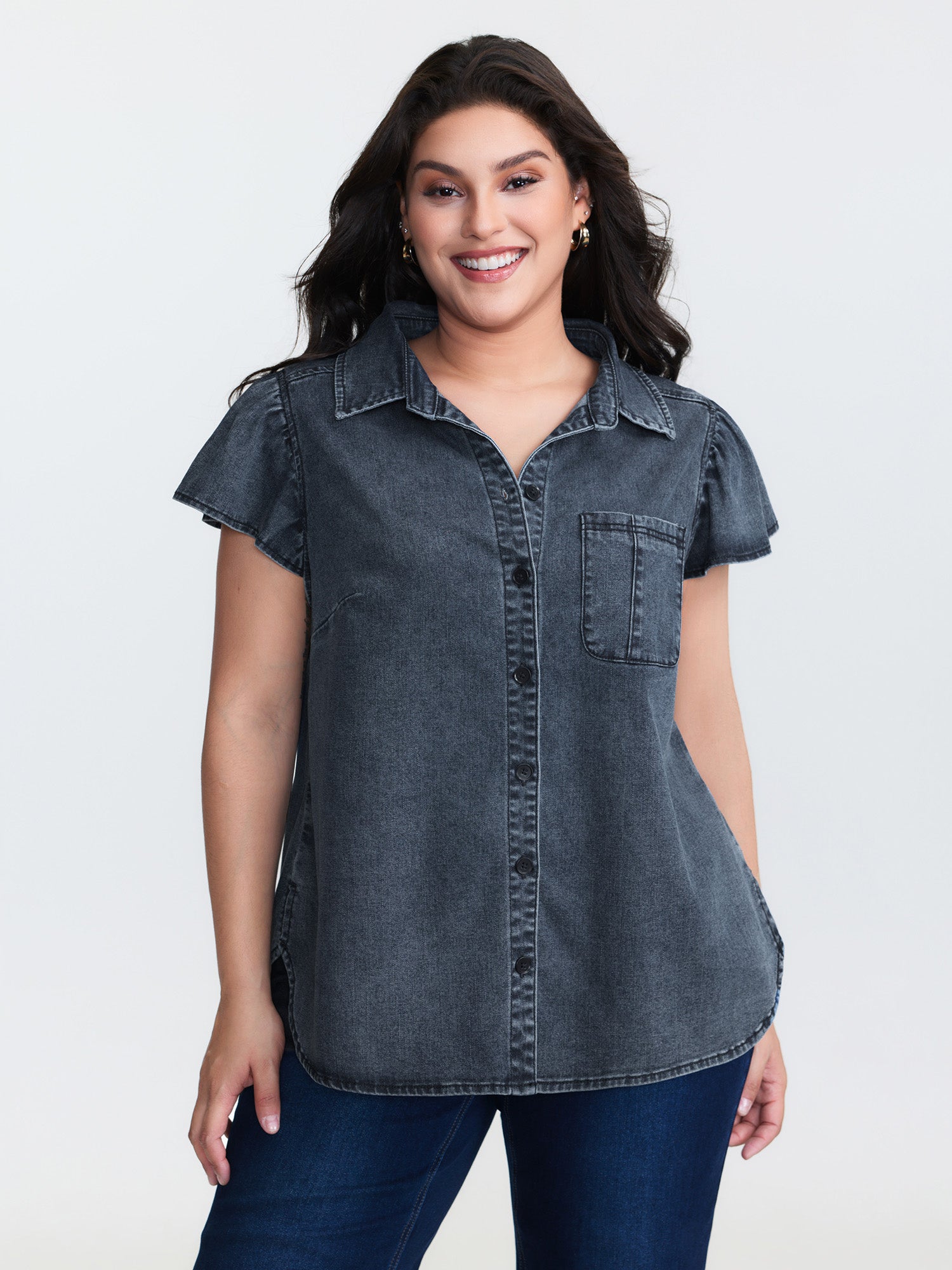 Stretchy Lotus Leaf Sleeve Denim Top