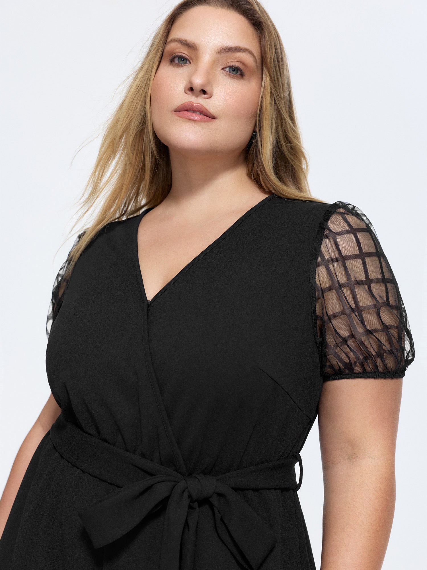 Sheer Sleeves Waist-Tie Romper