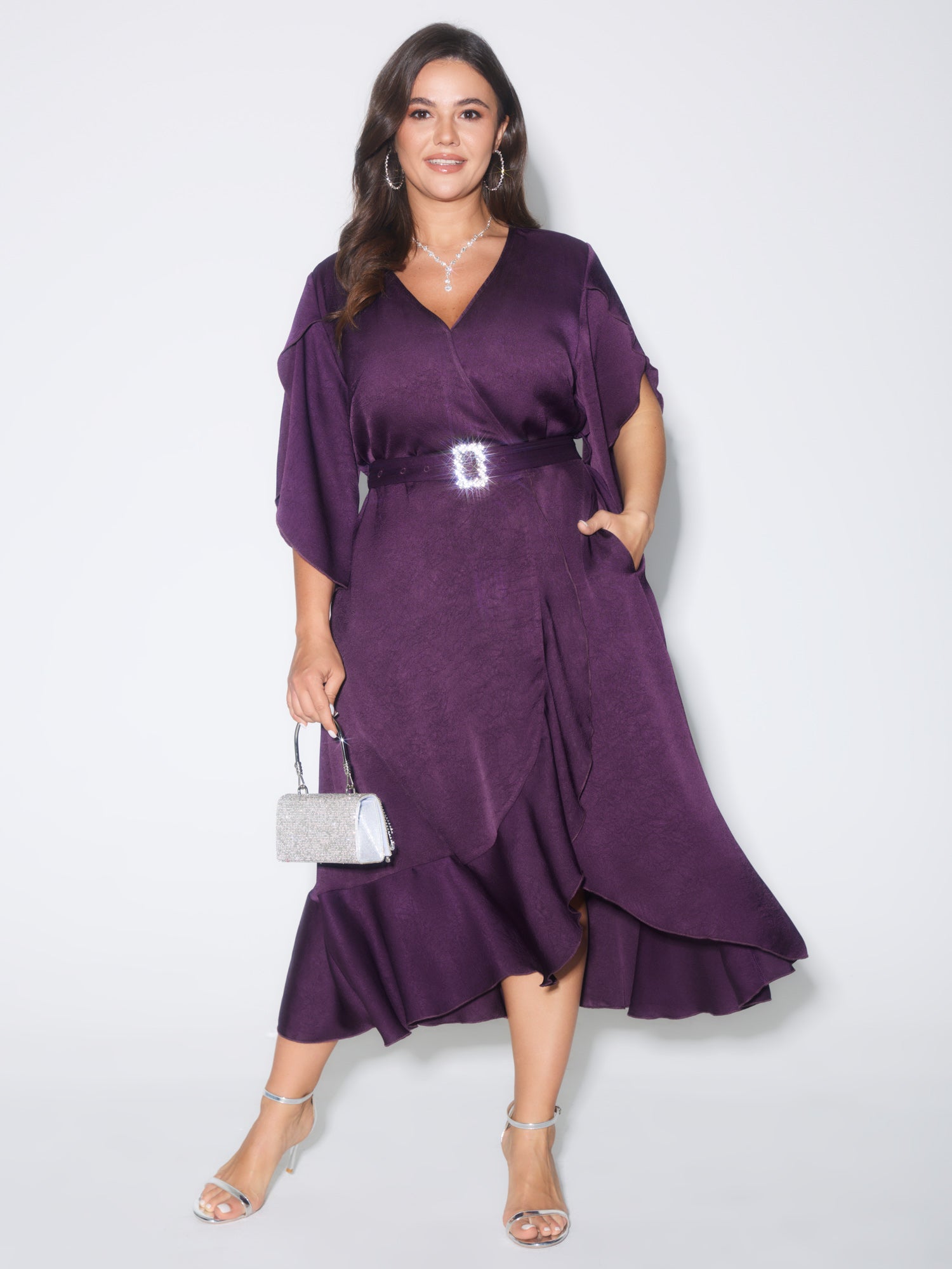Petal Trim Sleeve Belted Waist Midi Dress