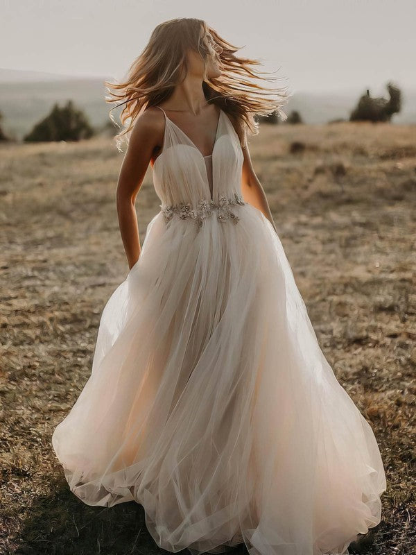 Exquisite V-Neck Sleeveless Tulle Floor-Length Wedding Dresses with Sash