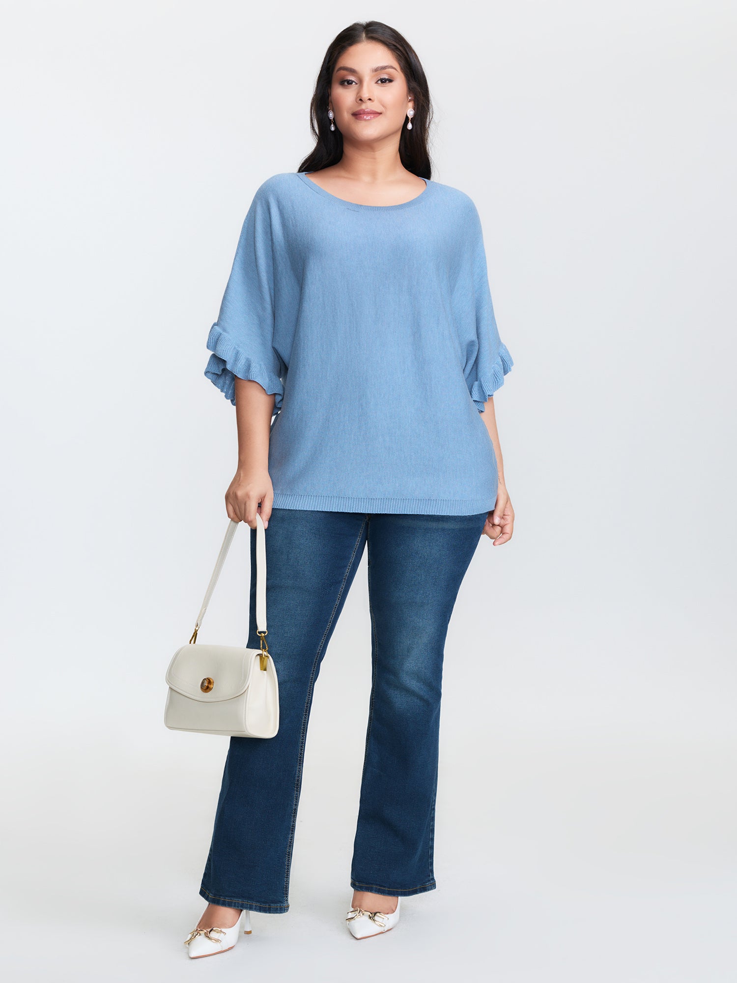 Ruffled Dolman Sleeve Plain Pullover