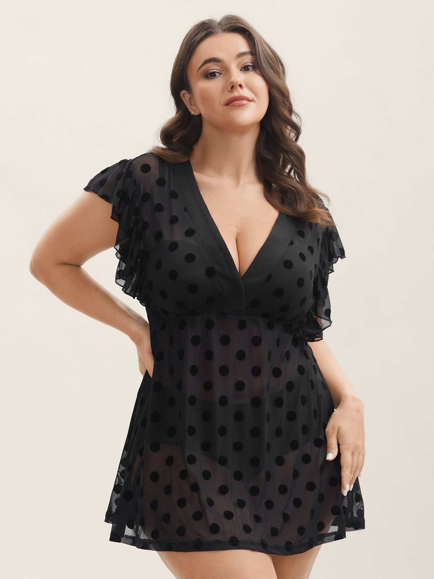 Polka Dot Mesh Ruffle Cap Sleeve Nightgown