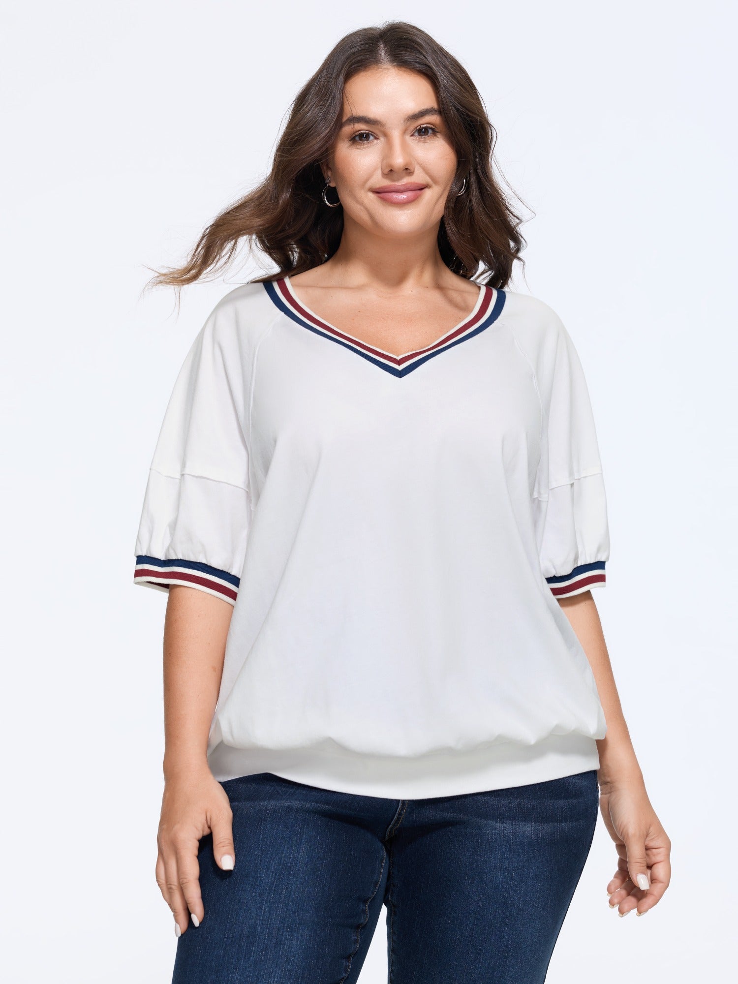 Cotton V Neck Contrast Striped T‑Shirt