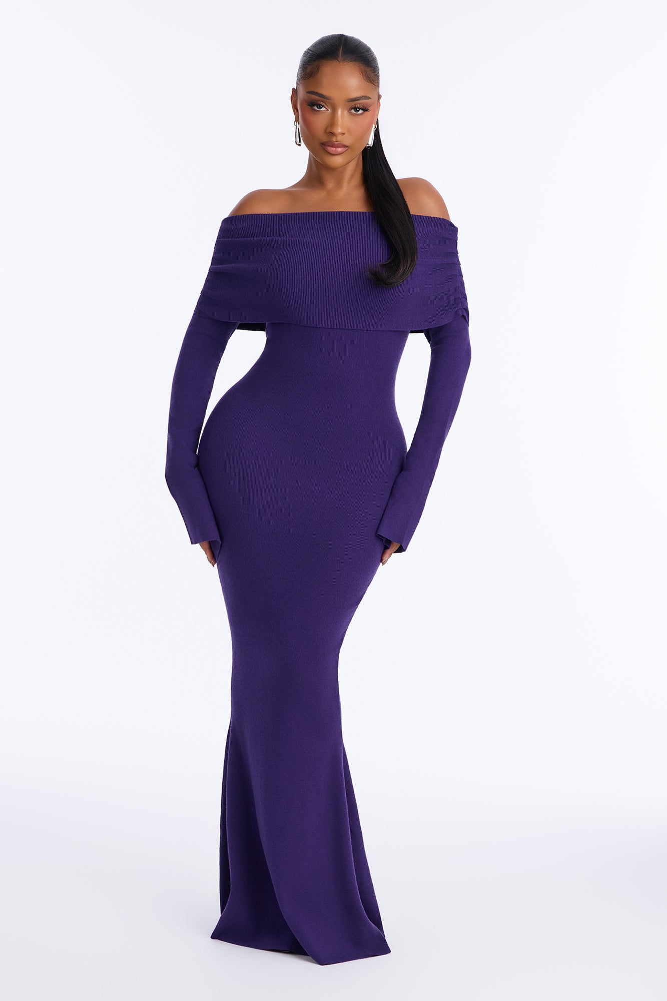 Setting The Standard Off Shoulder Sweater Maxi Dress - Purple