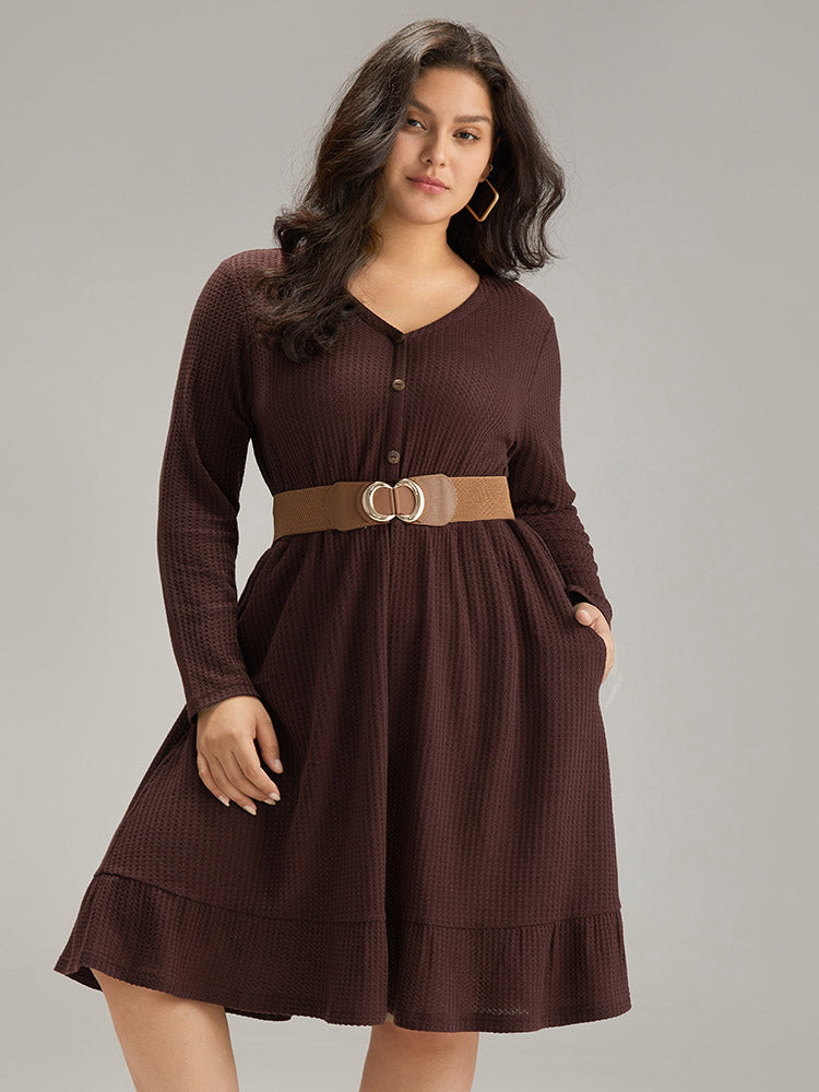Waffle Knit Button Up Elastic Waist Dress