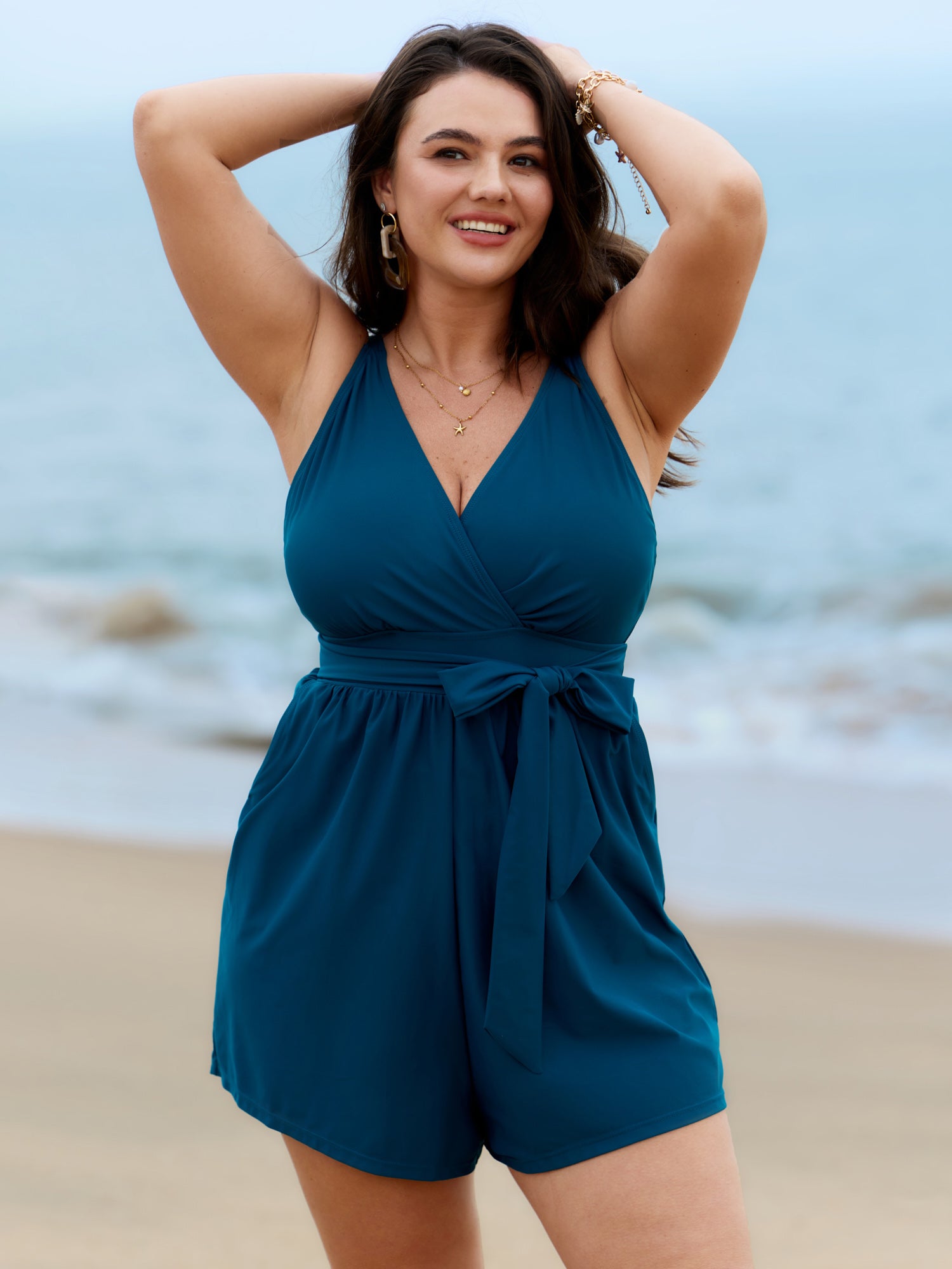Surplice Neckline Belted Plain One-Piece Swimsuit