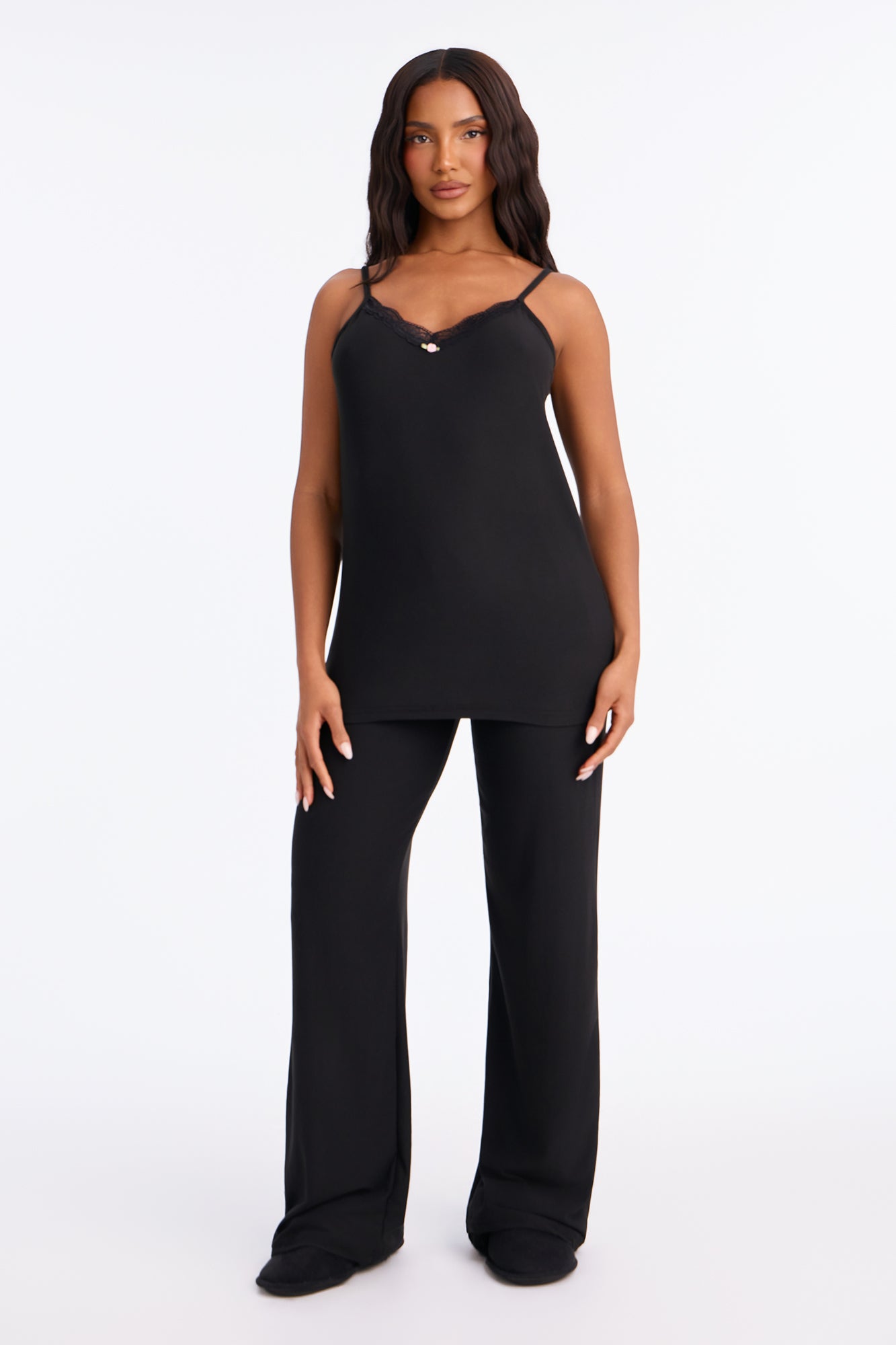 Cozy Up Wide Leg Lace Trim PJ Pant Set - Black