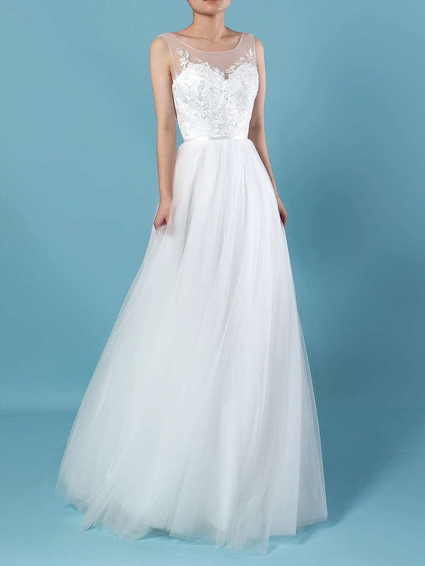 Glamorous Scoop Neck Sleeveless Tulle A-Line Wedding Dresses with Sash