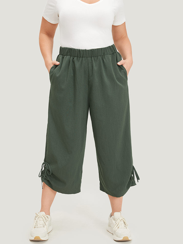 Plain Gathered Elastic Waist Drawstring Hem Pocket Pants