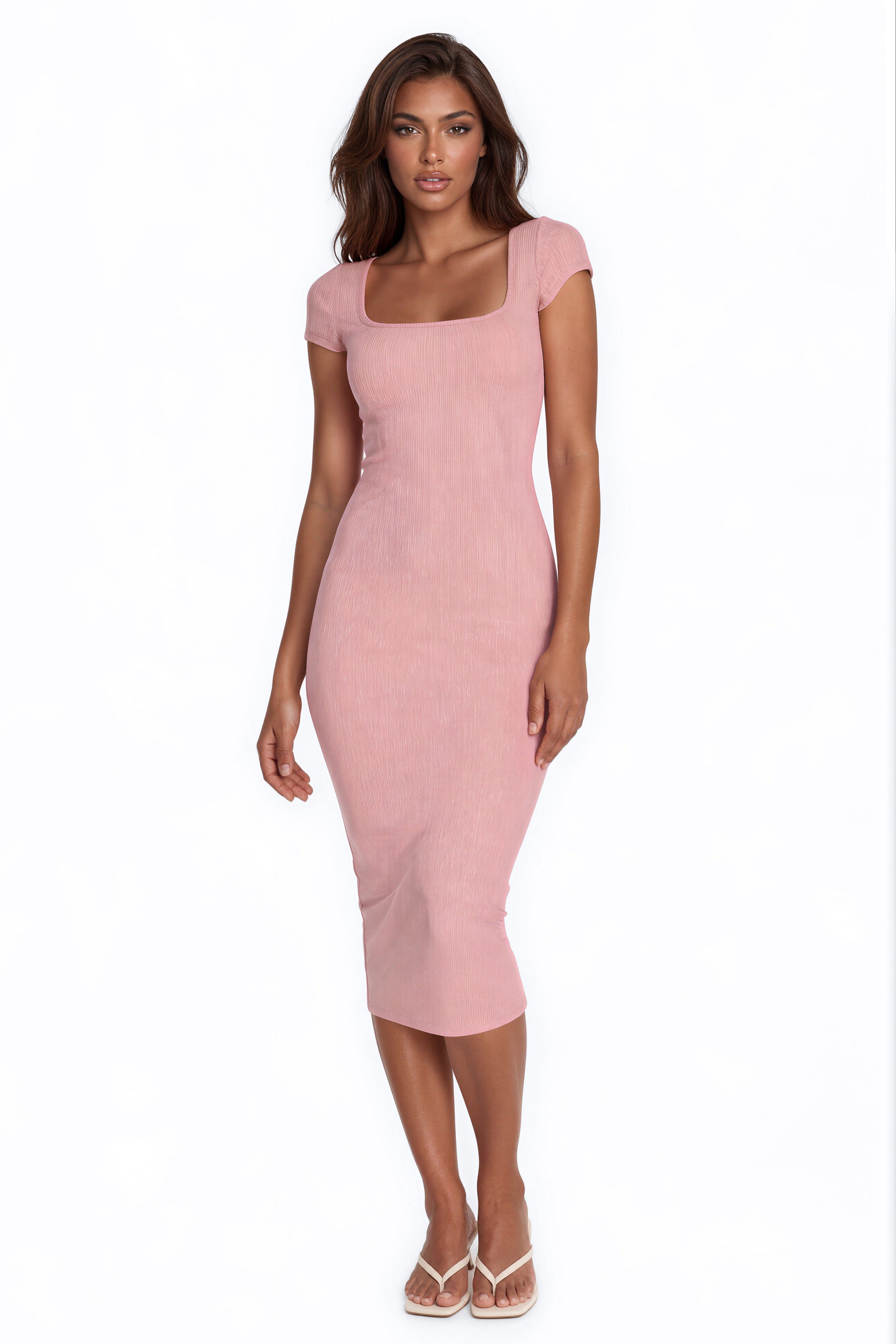 Emma Short Sleeve Ribbed Midi Dress - Rose