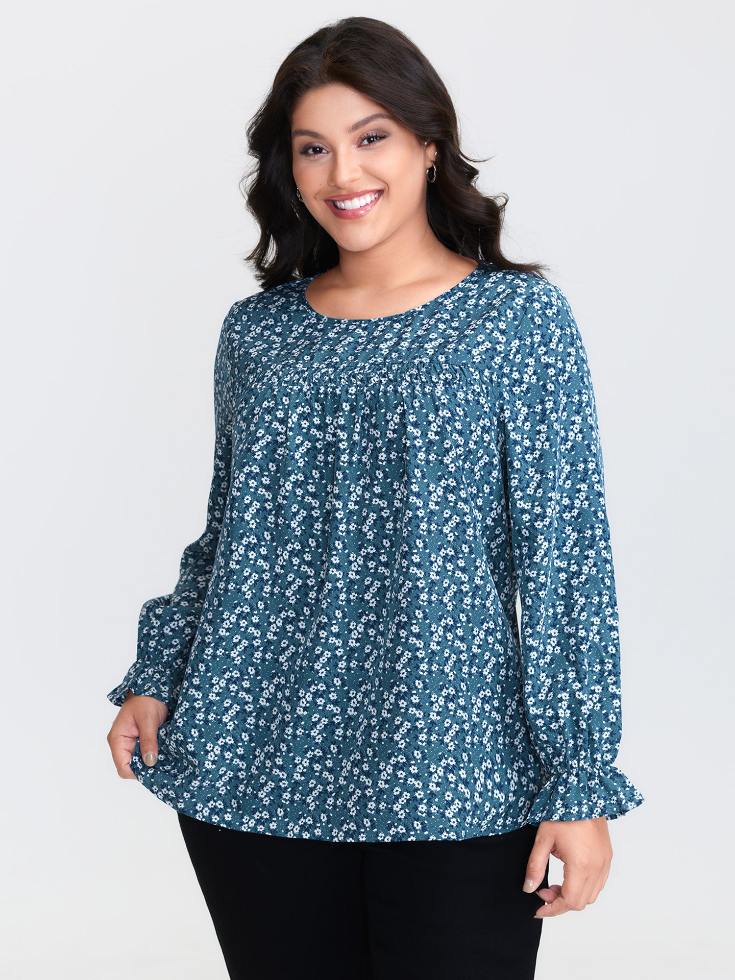 Floral Print Ruched Round Neck Blouse