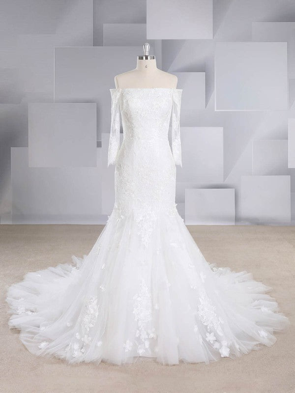 Stunning Mermaid Off-The-Shoulder Long Sleeves Tulle Court Train Wedding Dresses with Appliques