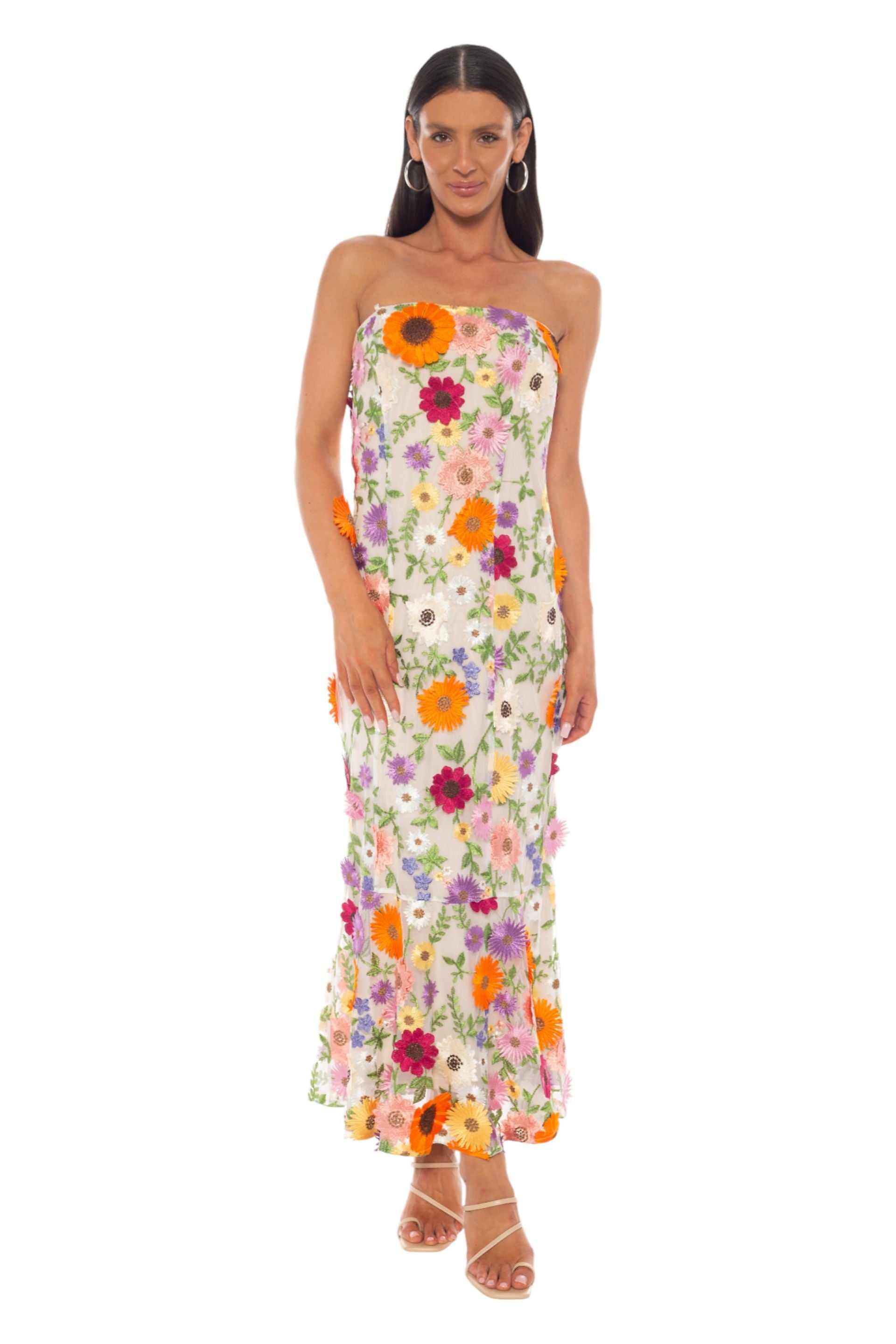 Strapless Multi 3D Embroidery on Mesh Midi Dress