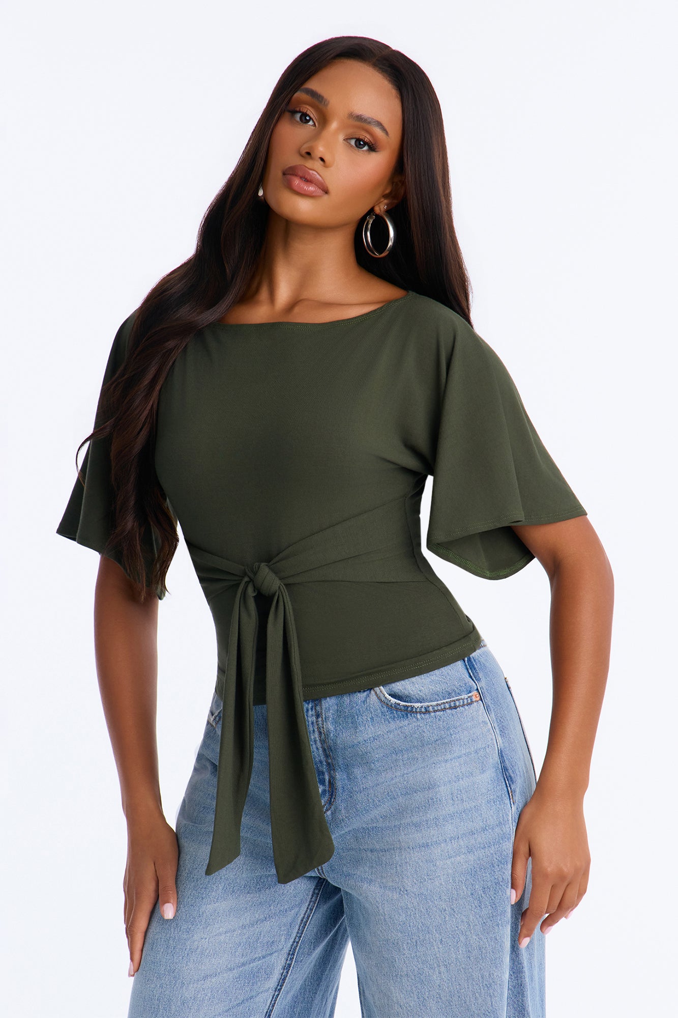 Nicolette Tie Waist Short Sleeve Top - Olive